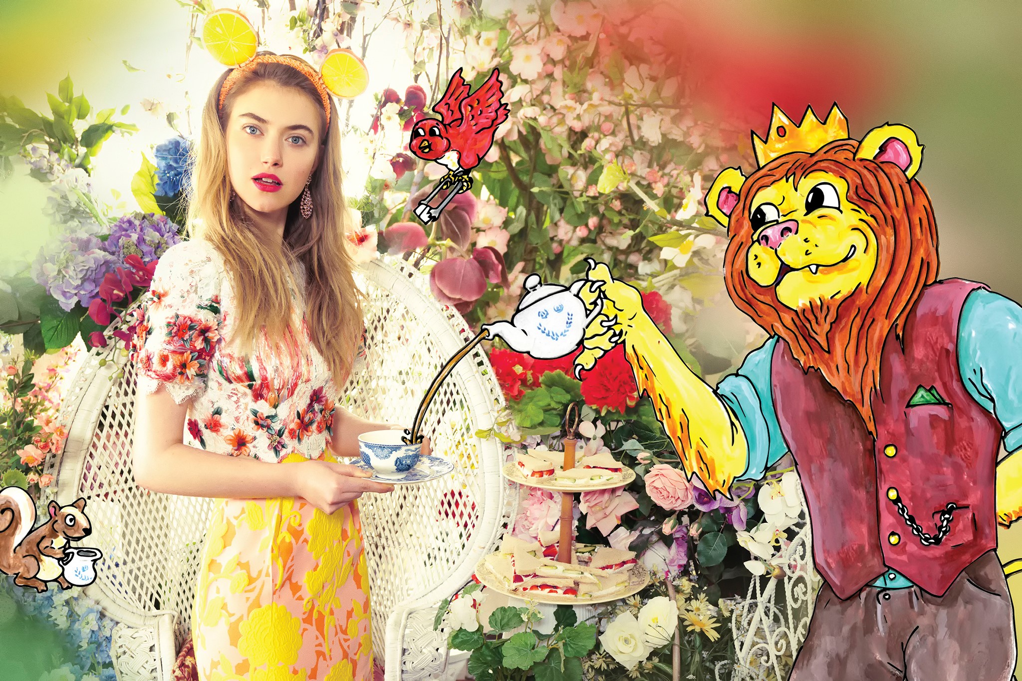 Imogen Poots at a whimsical tea party with cartoon animals HD Wallpaper