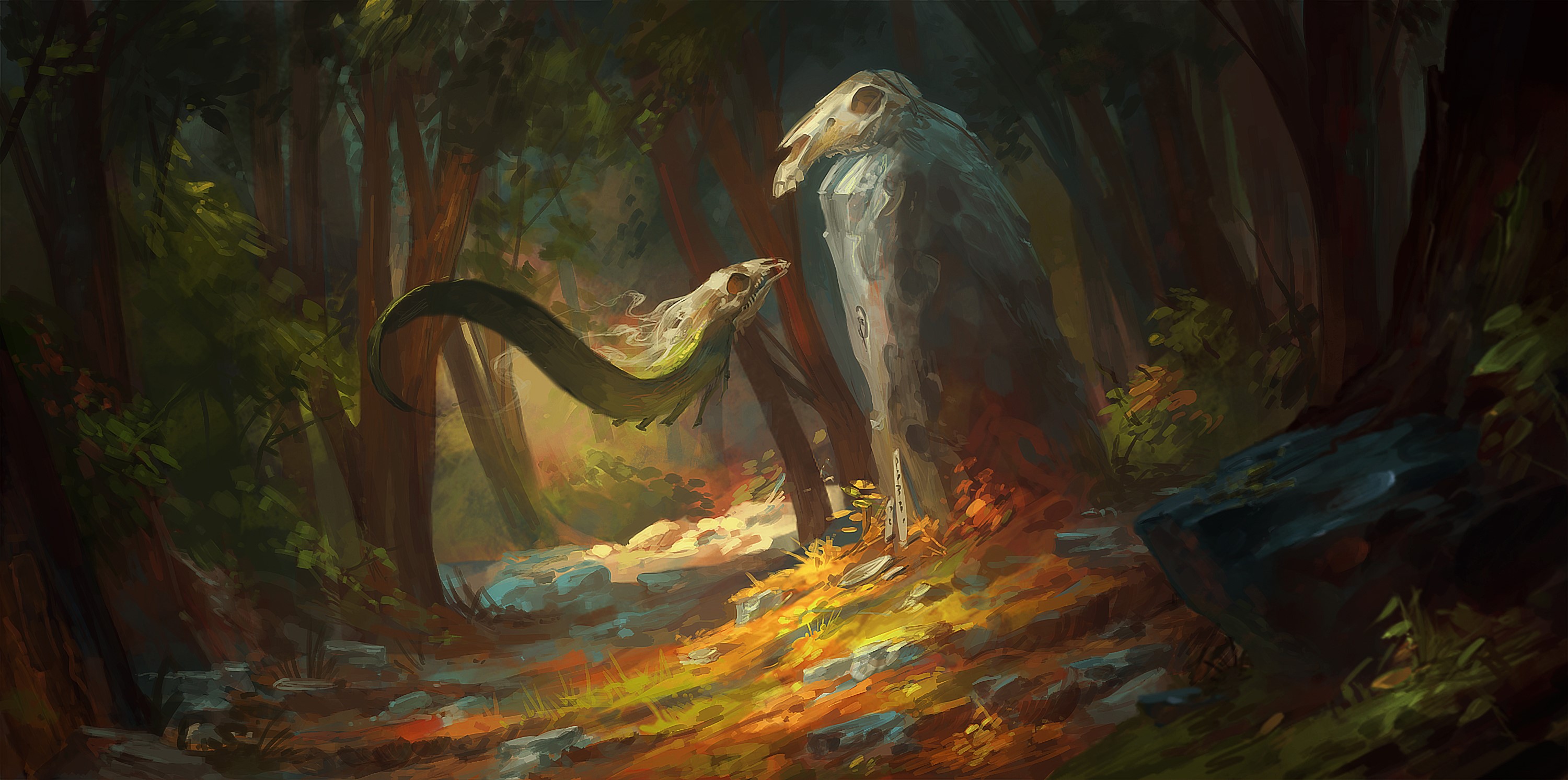 Forest clearing with animal skulls and stone monoliths HD Wallpaper