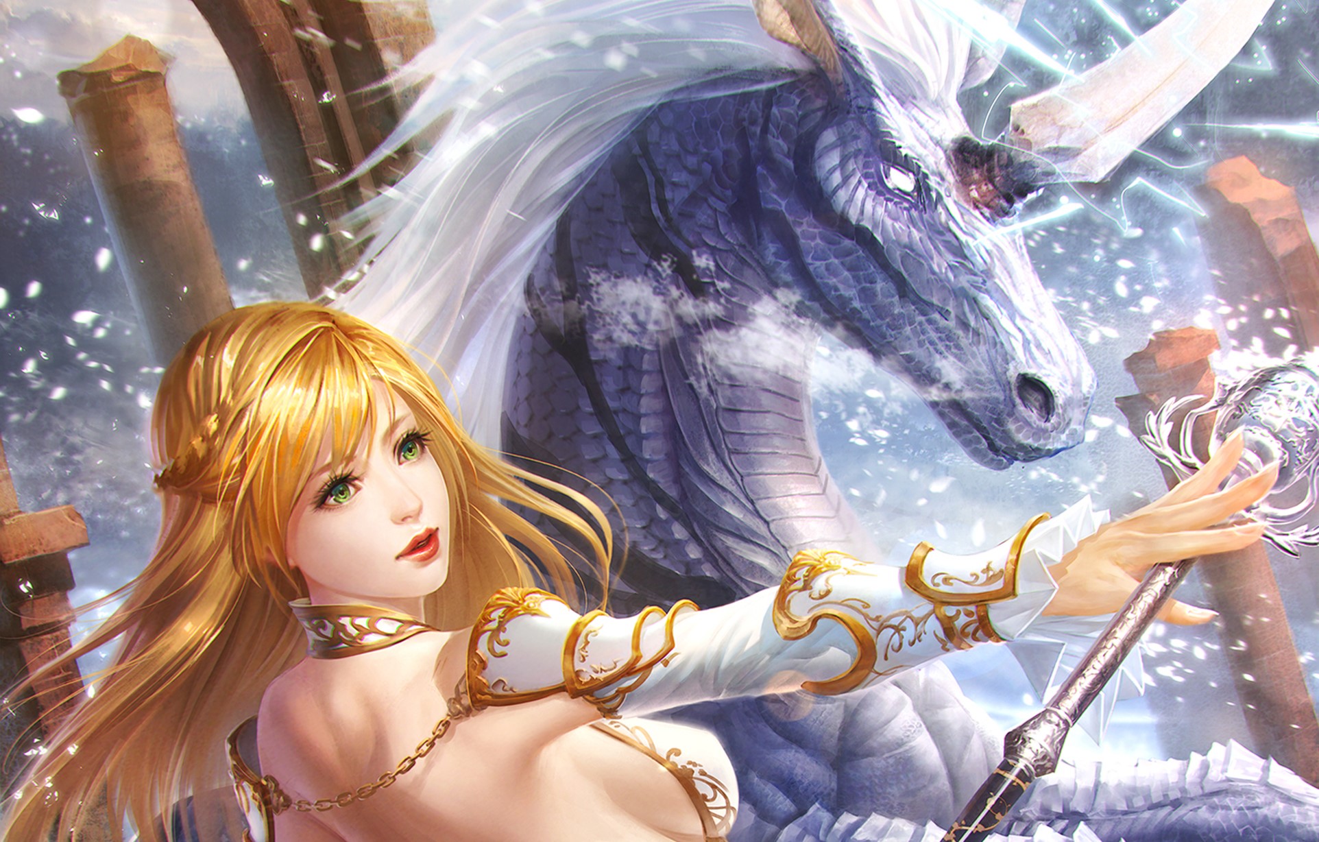 Girl with Unicorn and Mage Staff HD Wallpaper