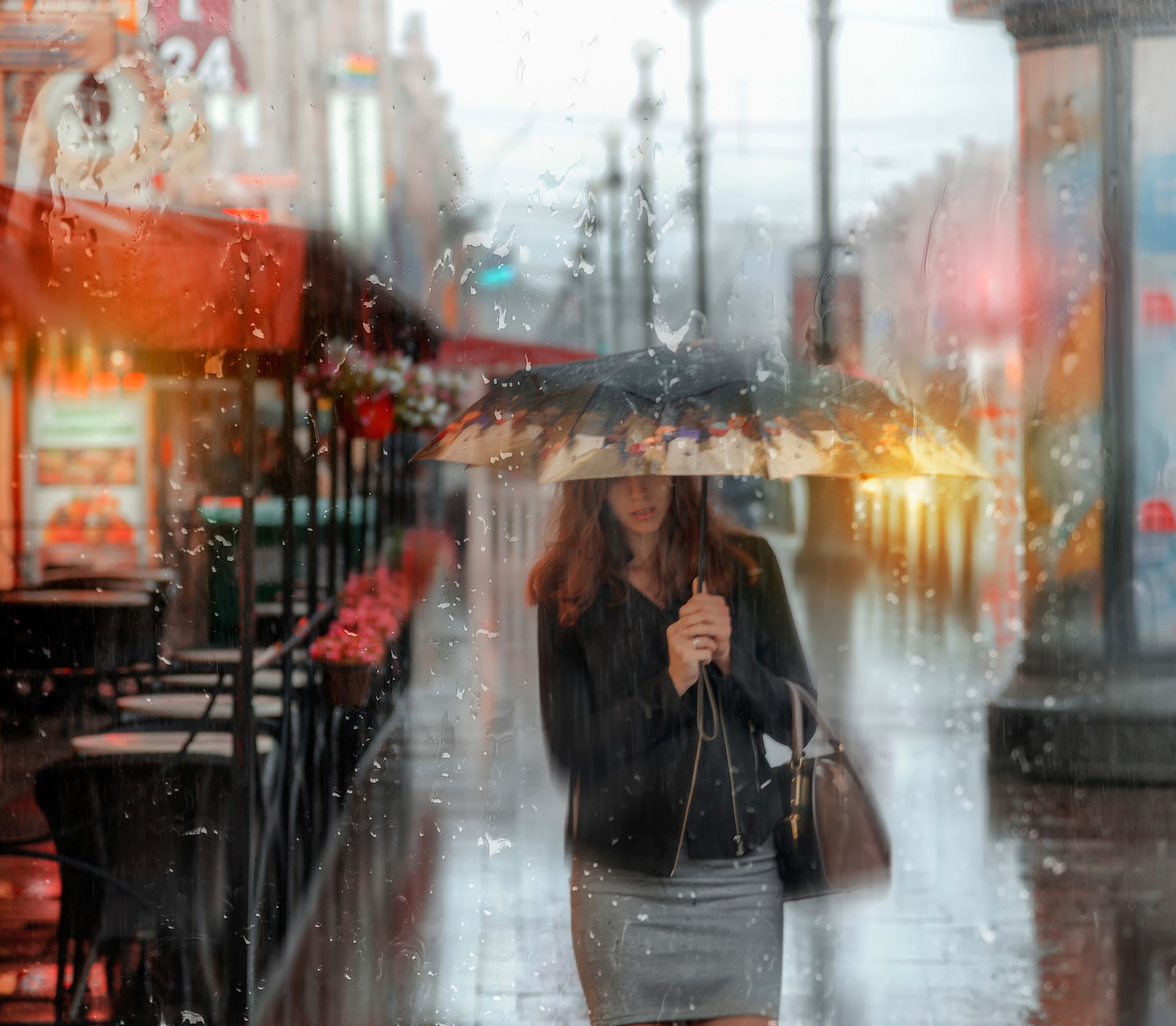 Woman with umbrella in St. Petersburg during rain HD Wallpaper