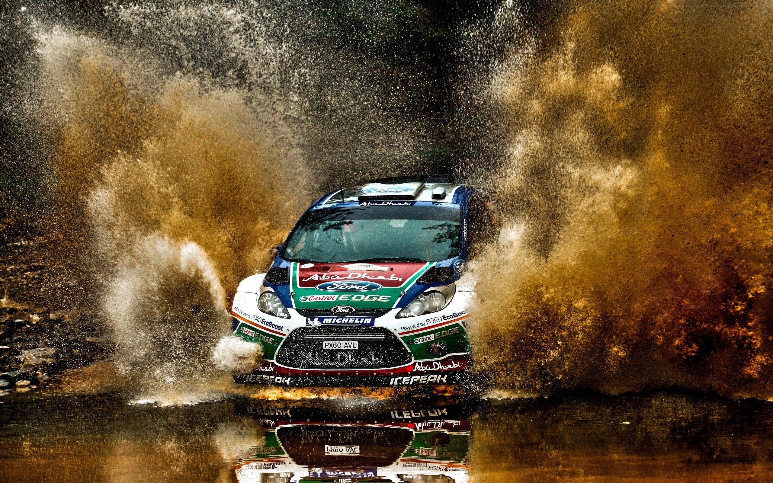 Ford rally car splashing through water HD Wallpaper