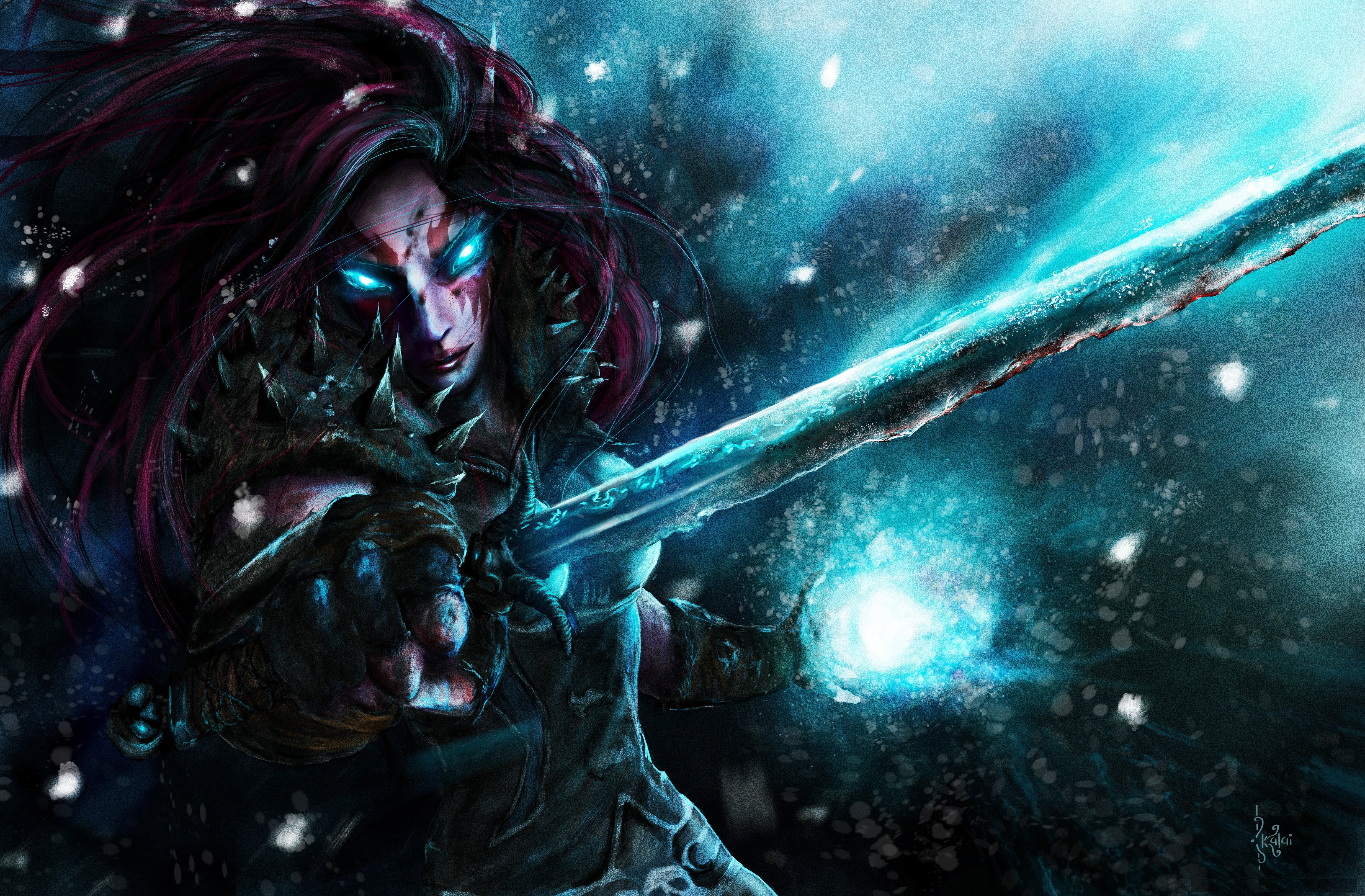Woman with glowing eyes and sword HD Wallpaper