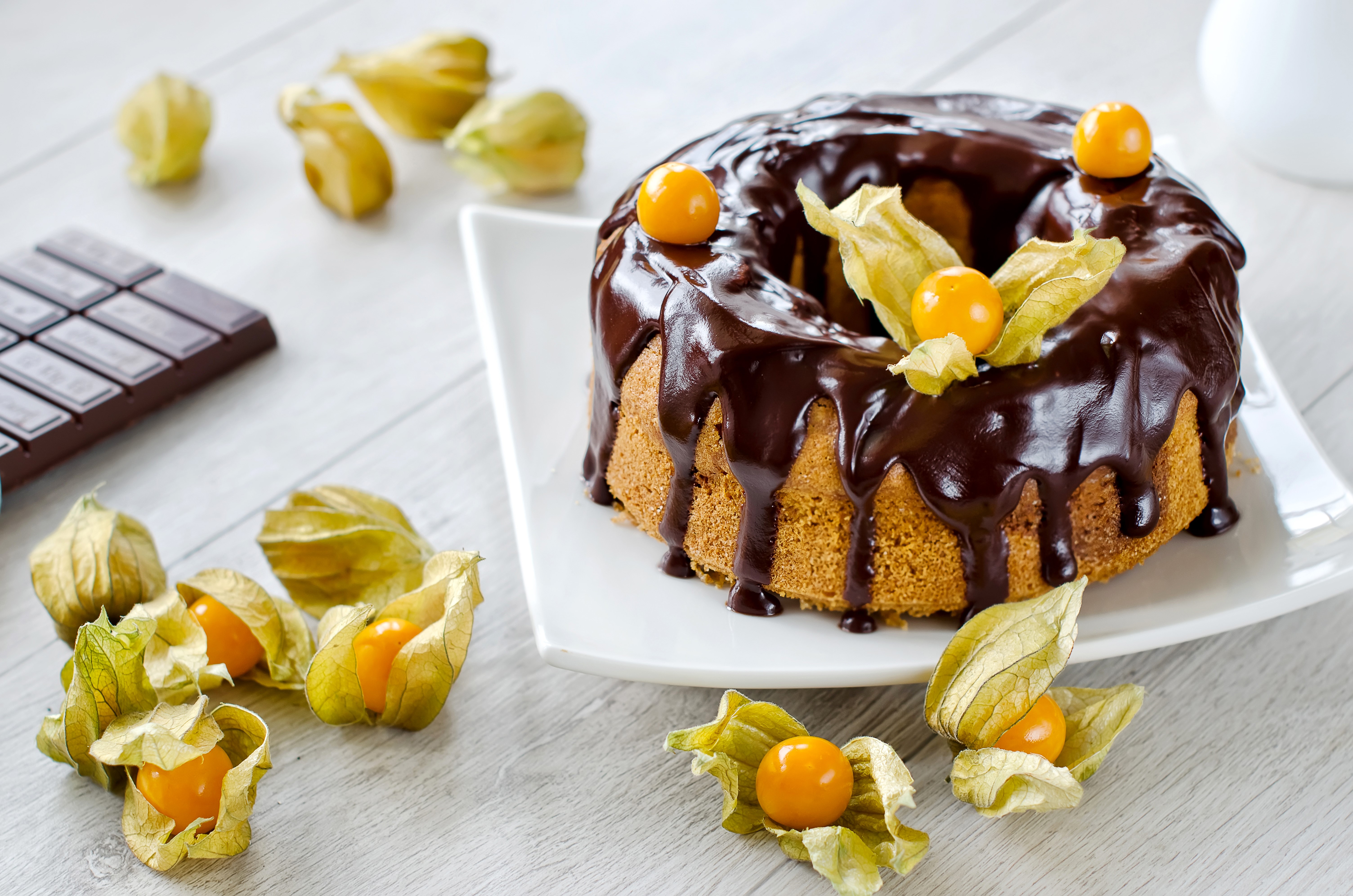 Chocolate Bundt Cake with Physalis and Chocolate Bar HD Wallpaper