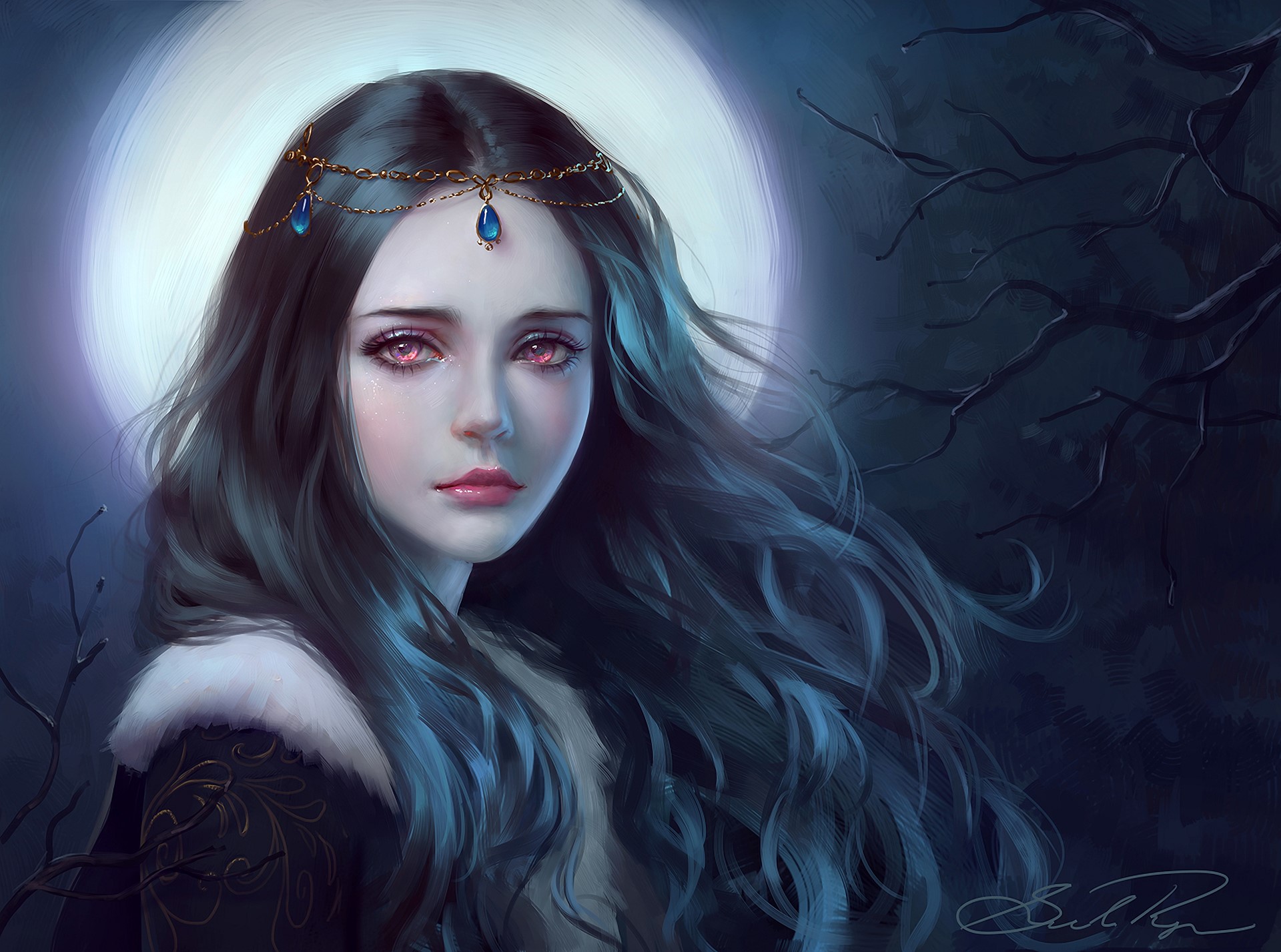 Woman with pink eyes and dark hair under the moon HD Wallpaper