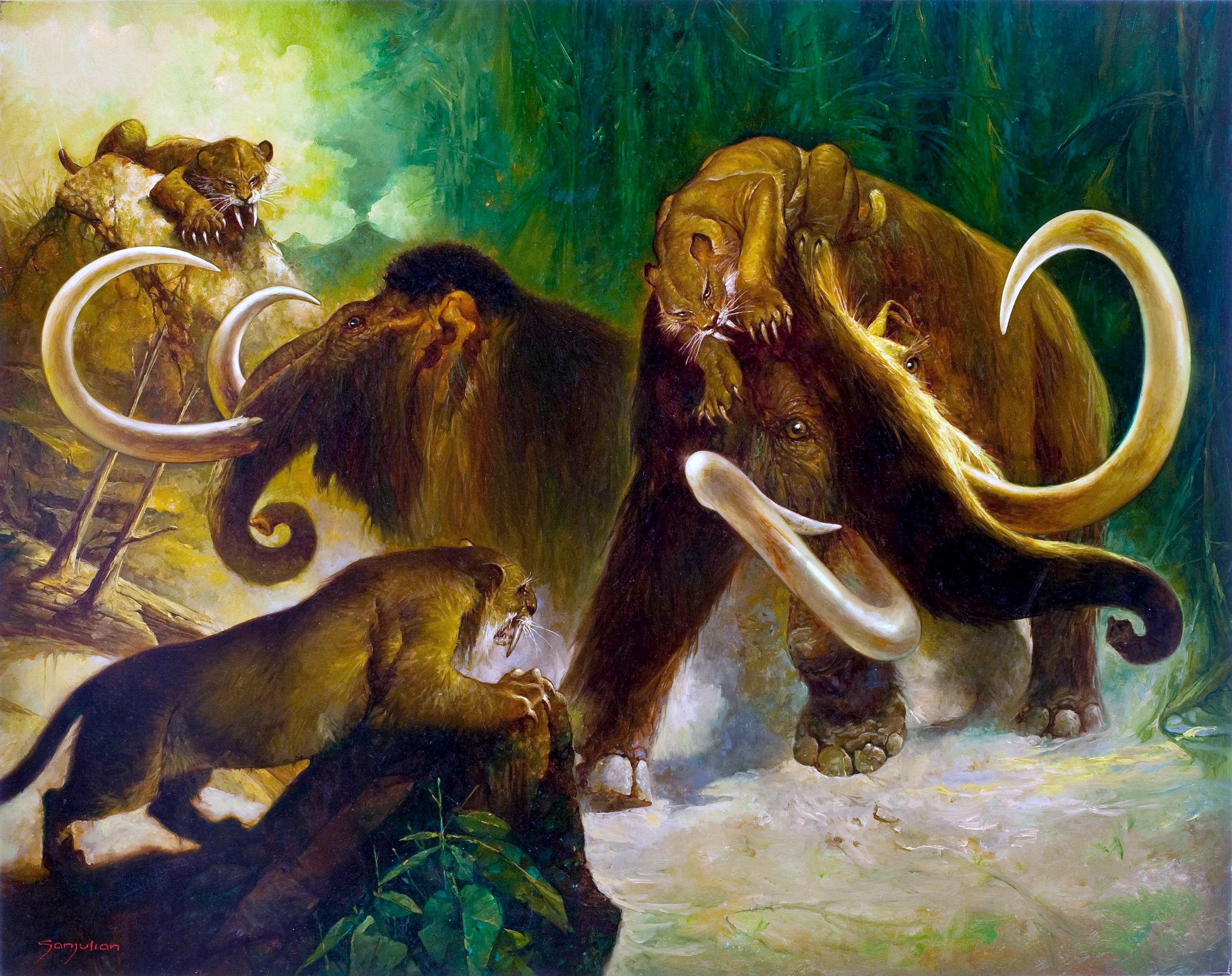 Saber-toothed cats attacking a woolly mammoth HD Wallpaper