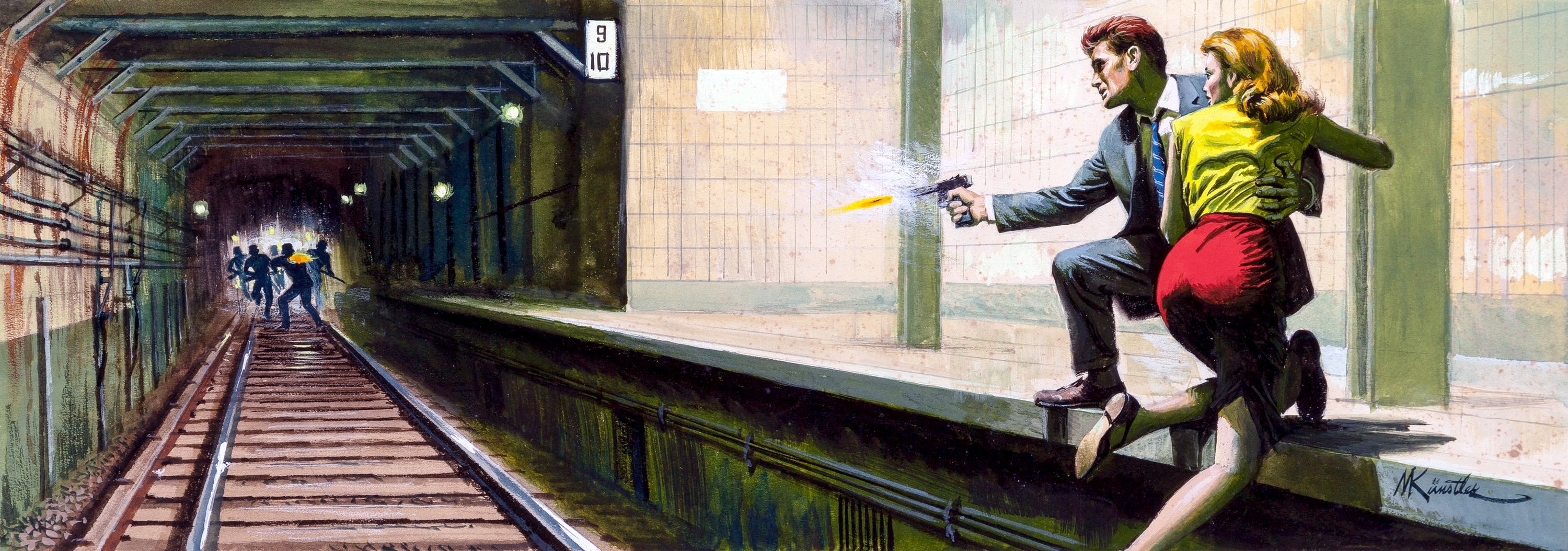 Man firing gun at woman in subway tunnel HD Wallpaper