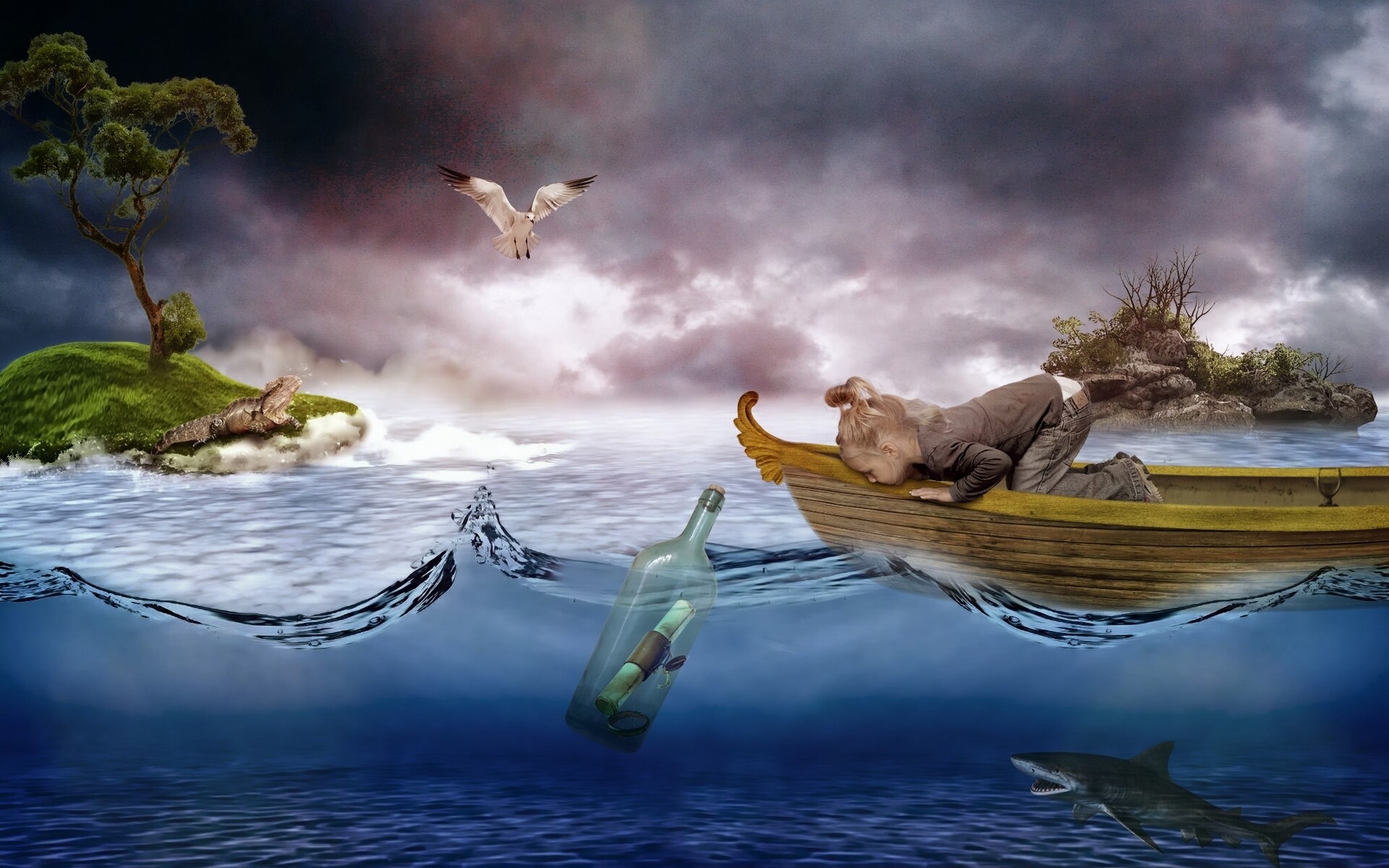 Girl in a boat looking for a message in a bottle HD Wallpaper