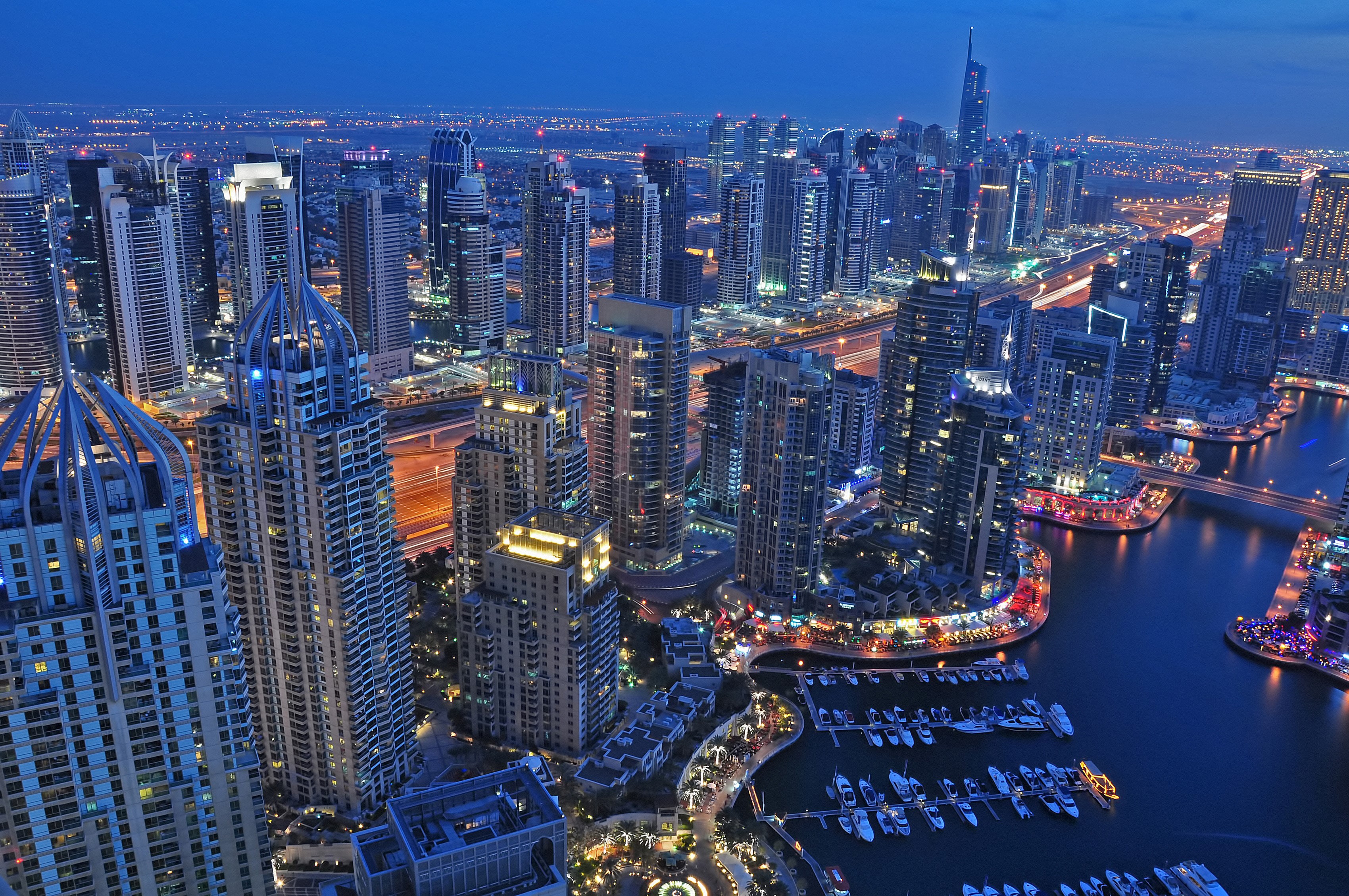 Dubai Marina skyscrapers at night from above HD Wallpaper