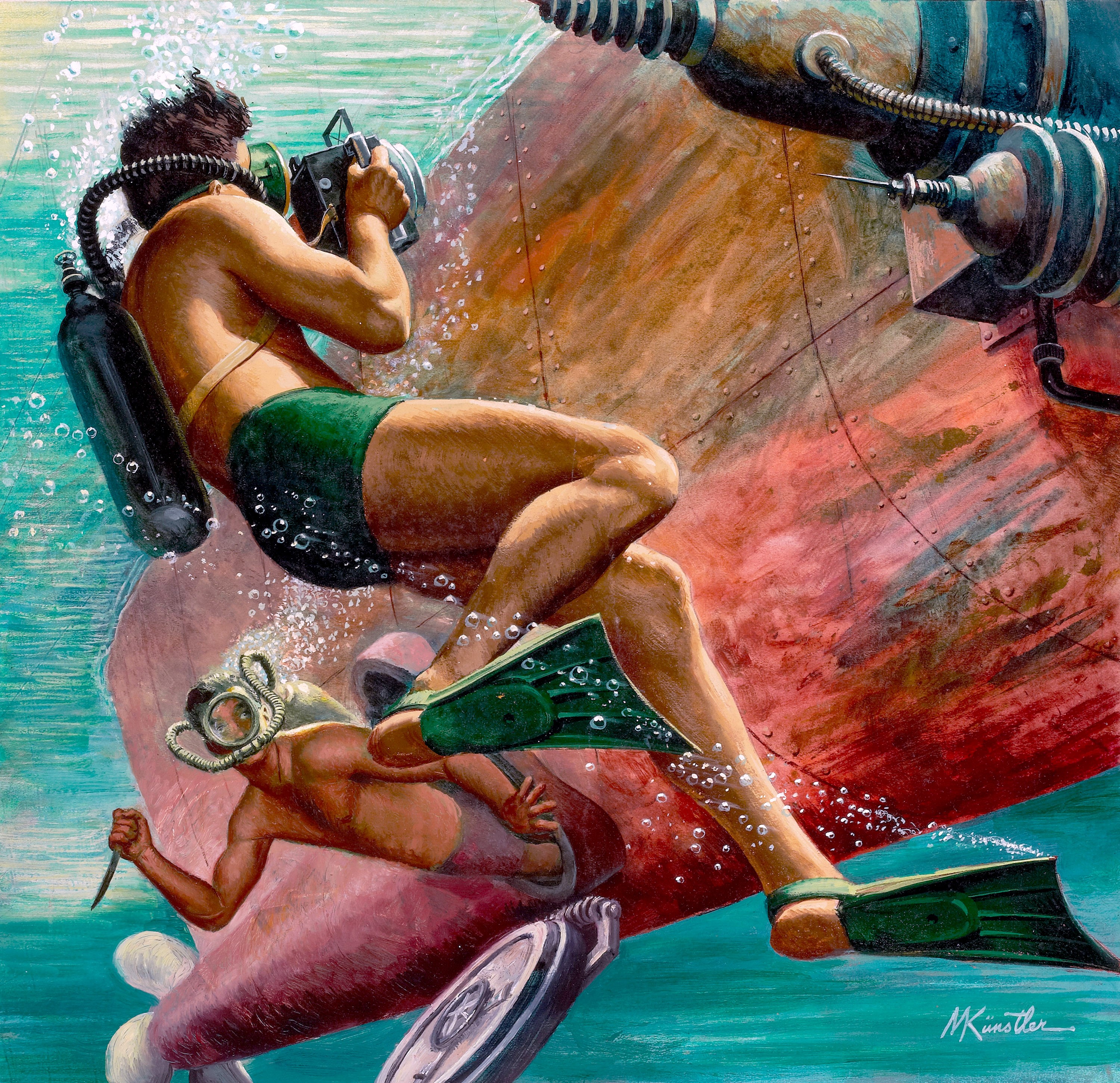 Mort Kunstler painting of divers near a ship HD Wallpaper
