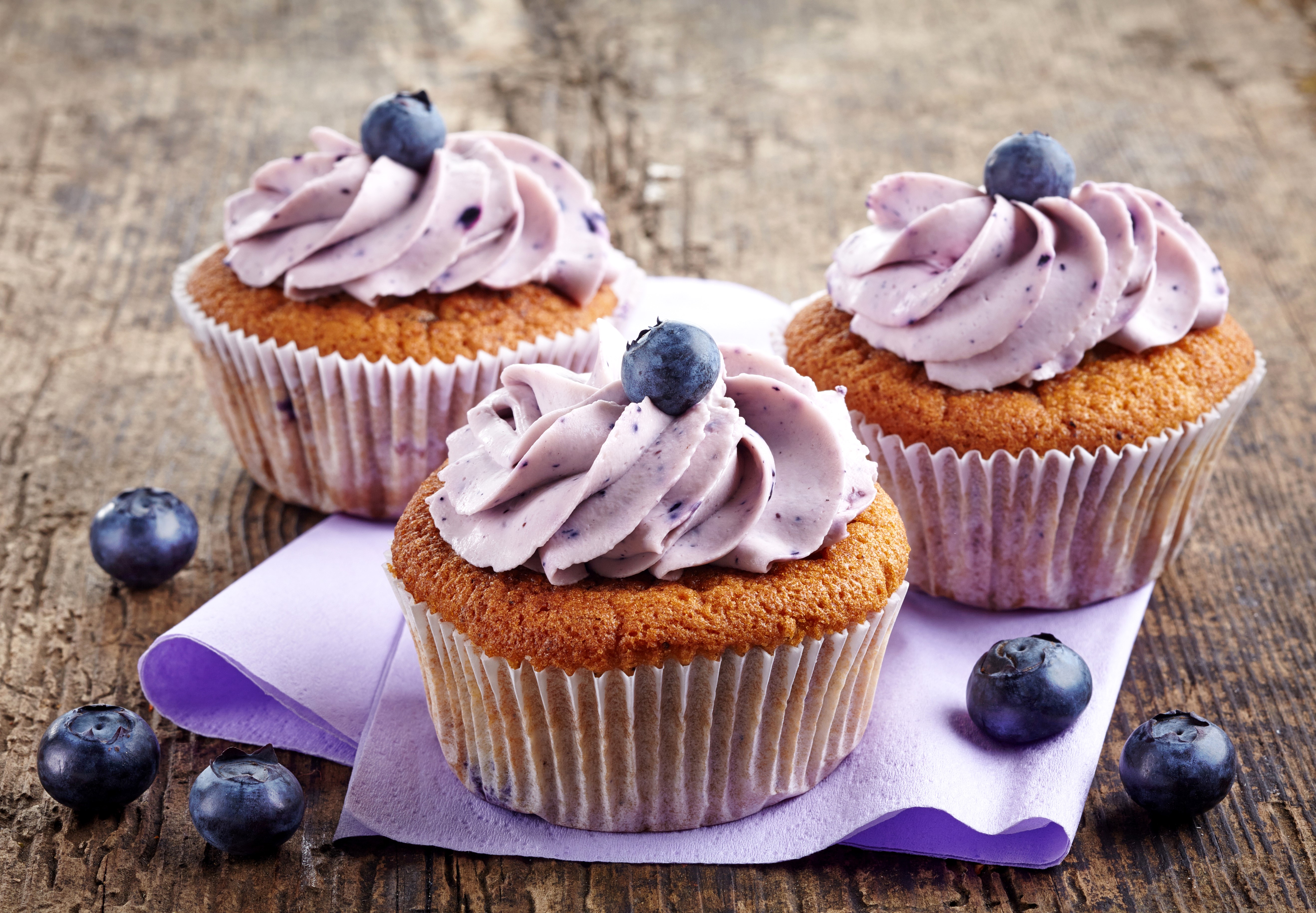 Three Blueberry Cupcakes with Frosting and Berries HD Wallpaper