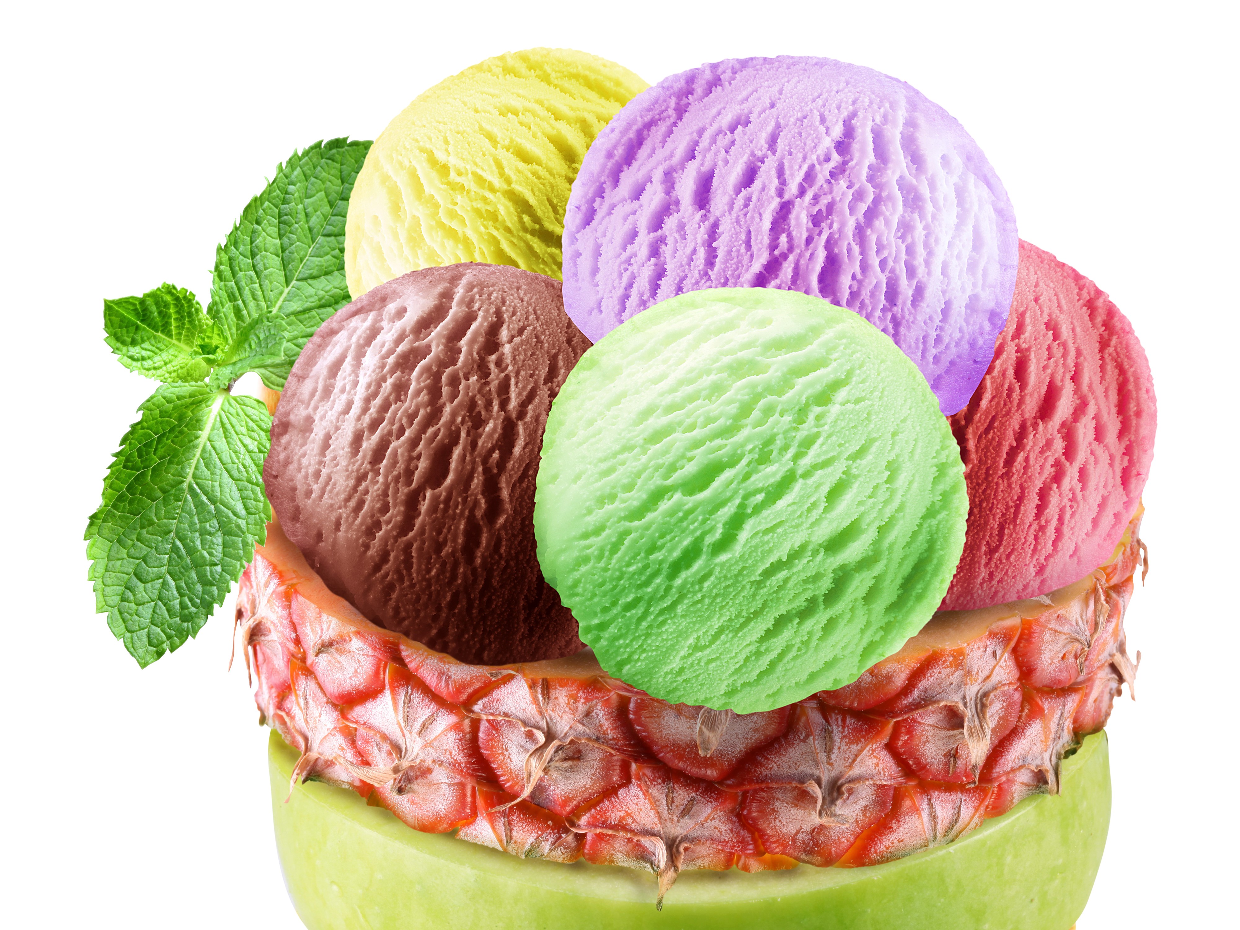 Ice cream scoops in pineapple and apple HD Wallpaper