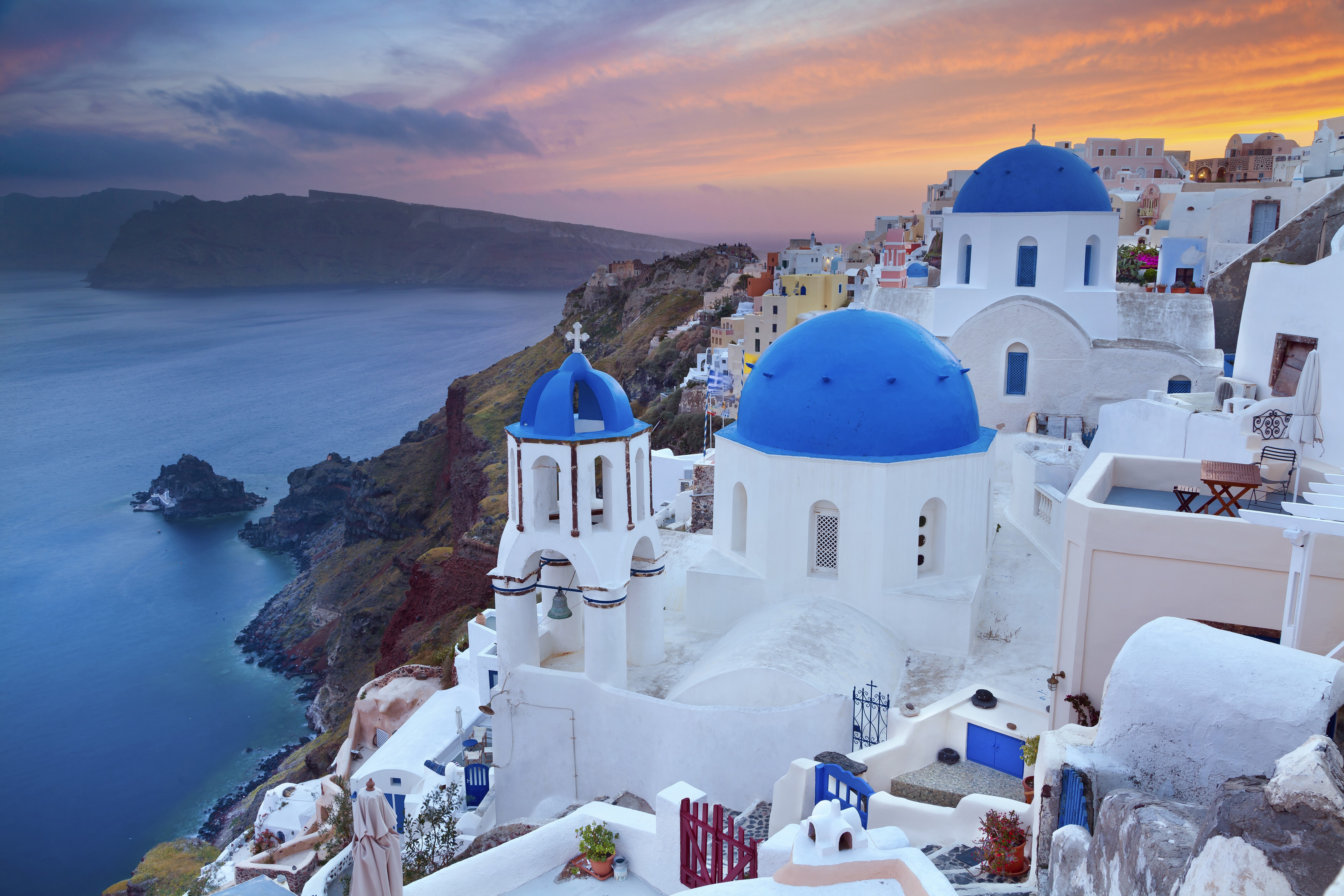 Santorini Greece blue domed churches at sunset HD Wallpaper
