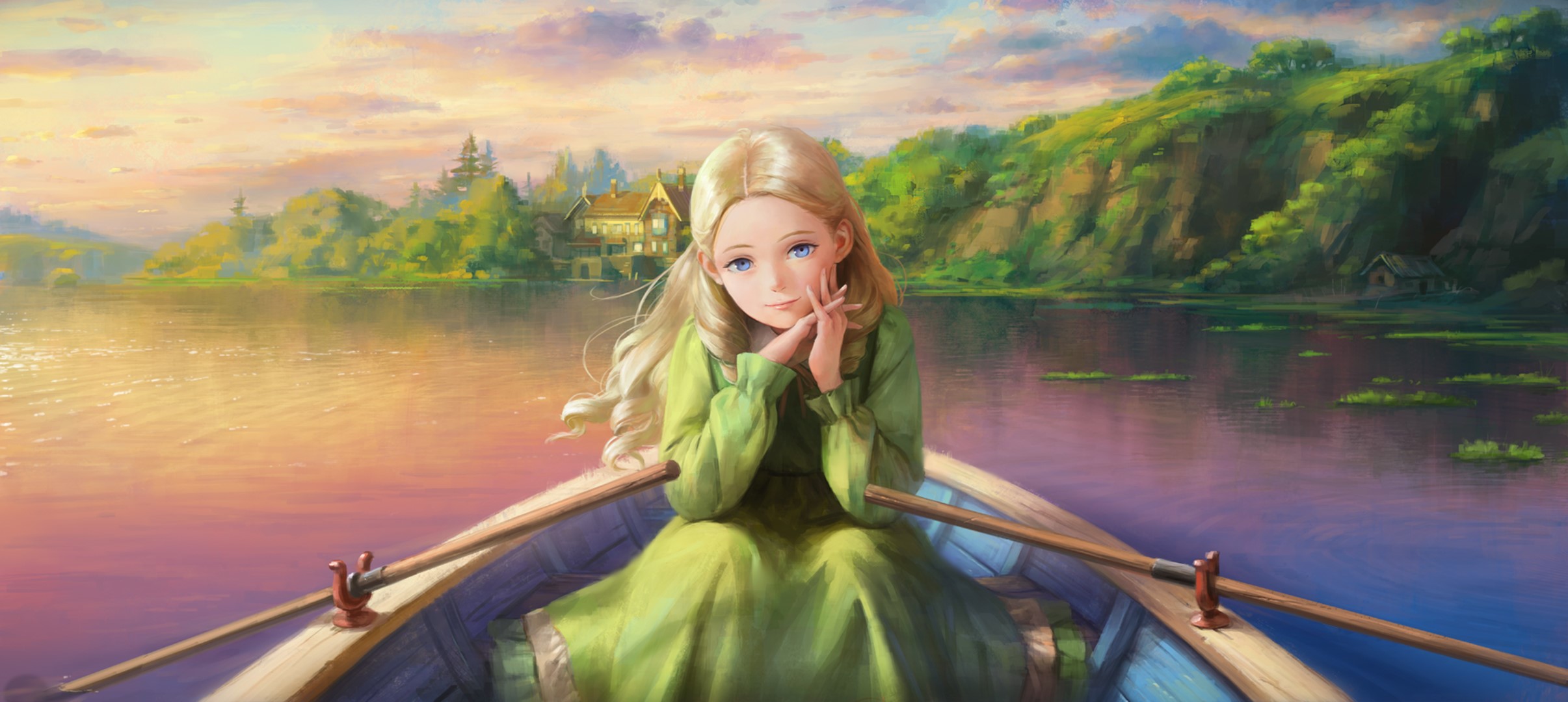 Girl in a boat on a lake at sunset HD Wallpaper