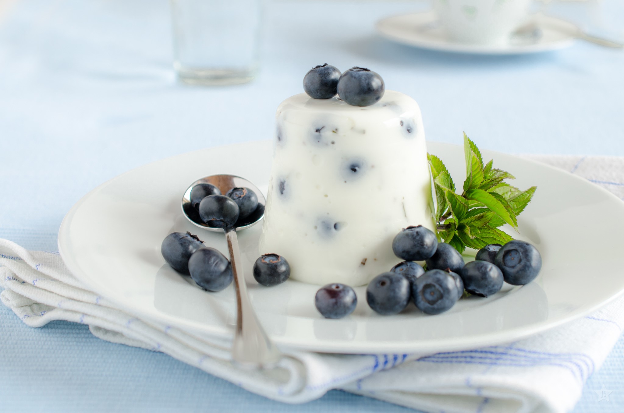 Blueberry Panna Cotta with Mint and Spoon HD Wallpaper