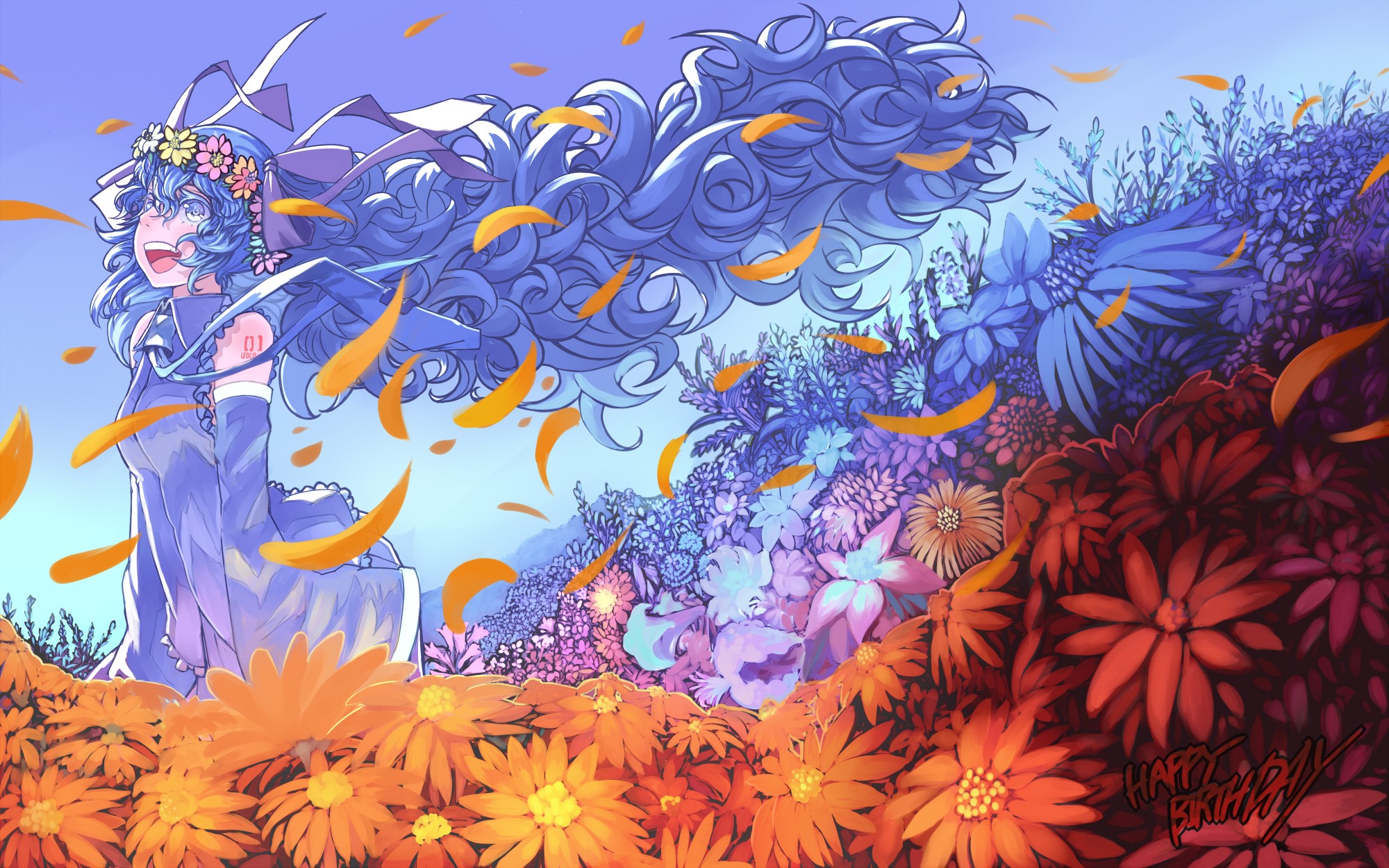 Hatsune Miku in a field of flowers HD Wallpaper