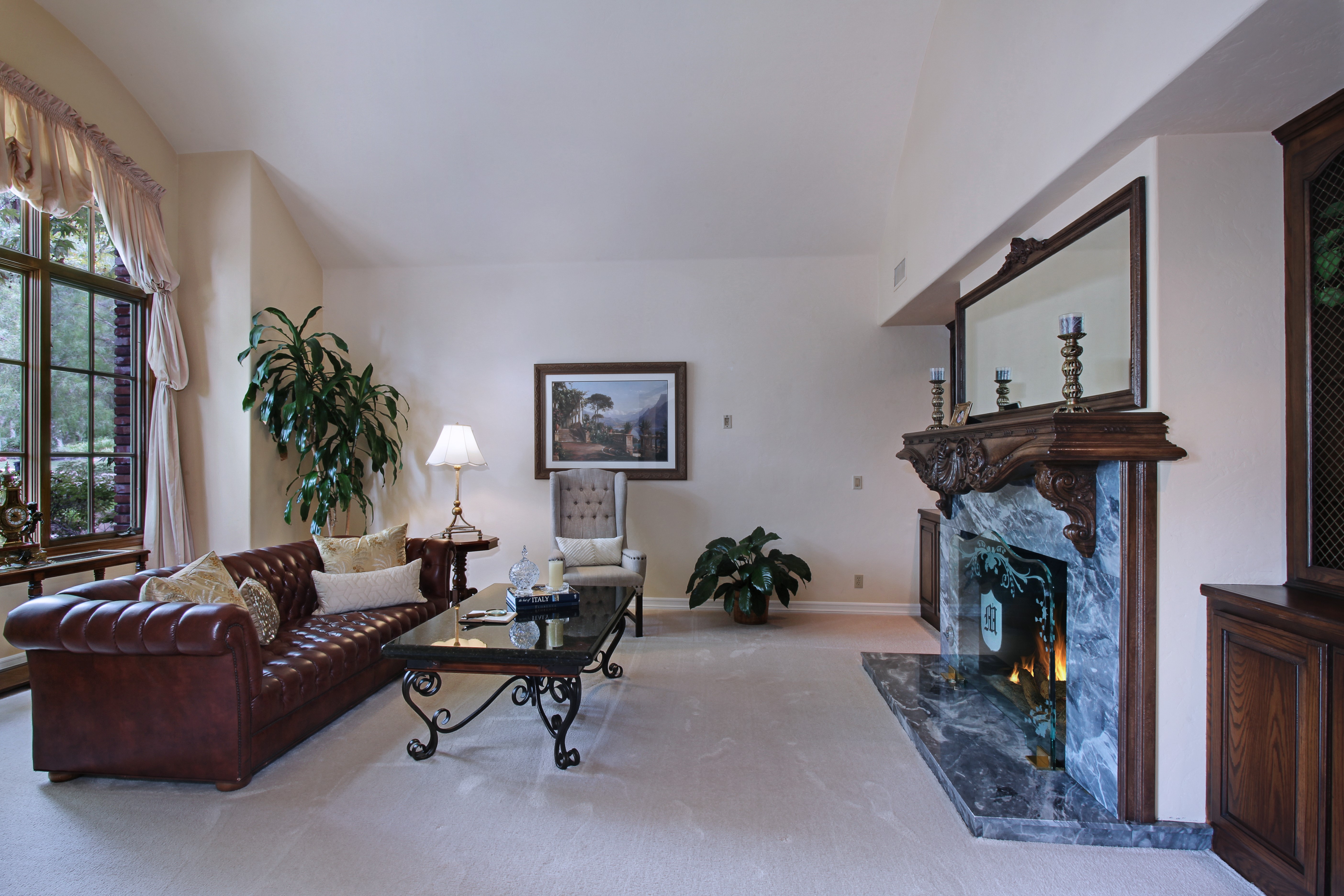 Living room with fireplace and sofa HD Wallpaper