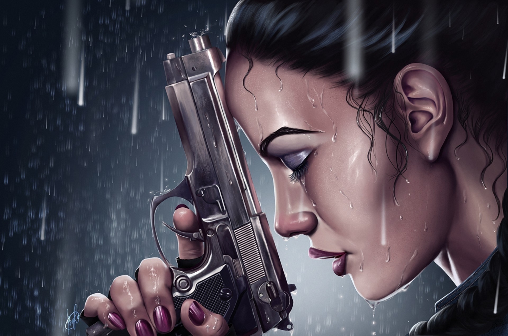 Lara Croft from Tomb Raider with a pistol in the rain HD Wallpaper