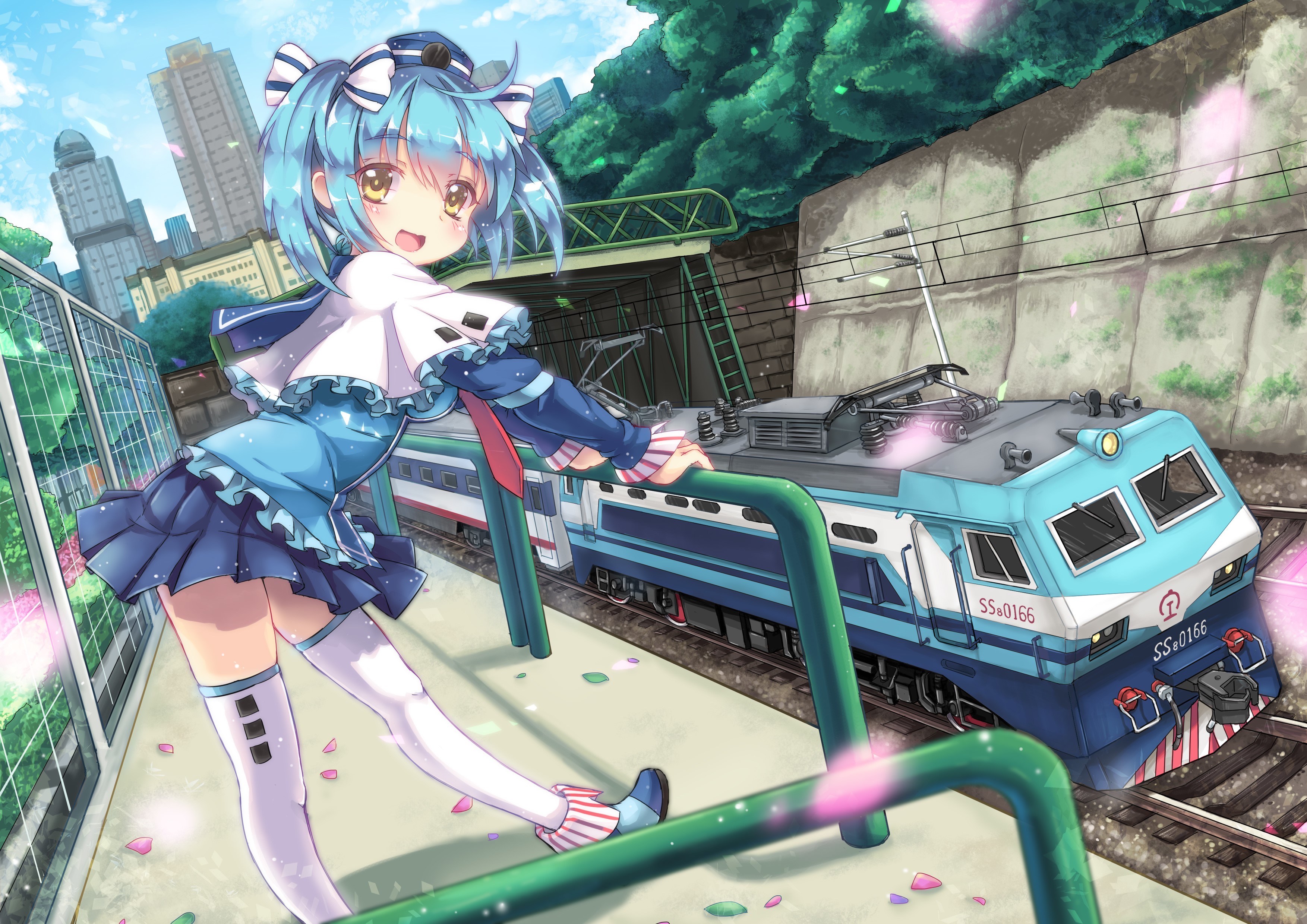 Girl with blue hair and a train HD Wallpaper