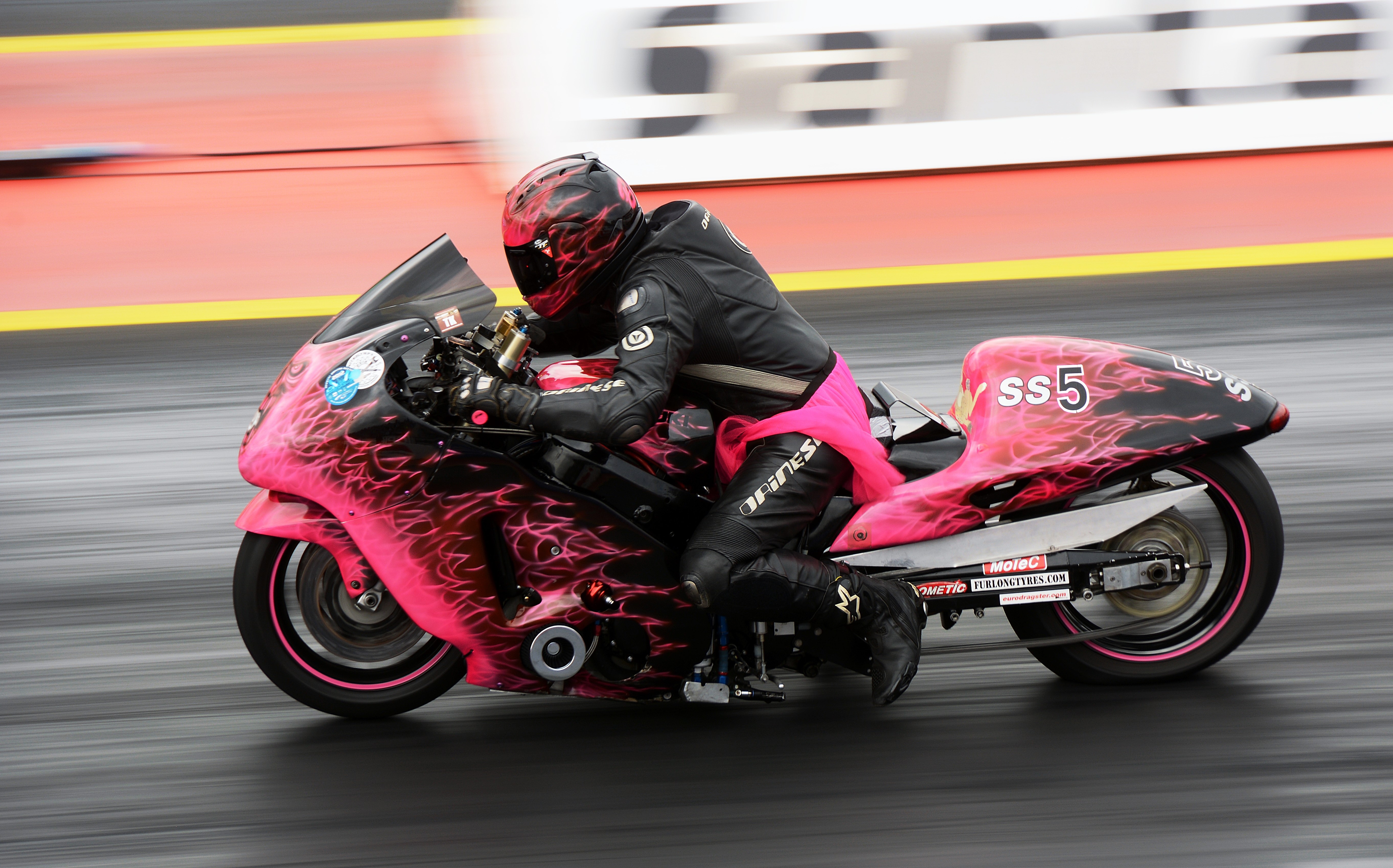 Motorcyclist in Pink Flame Drag Racing HD Wallpaper