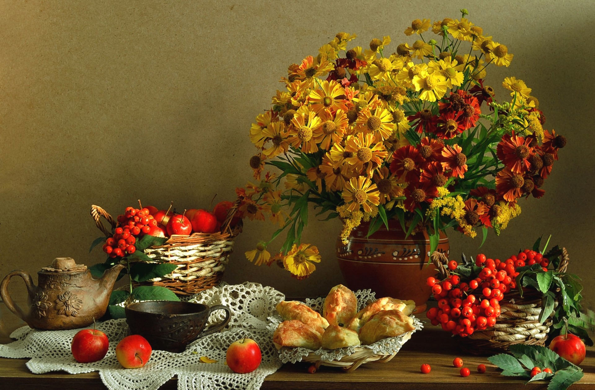 Still-life with apples, berries, flowers, and baked goods HD Wallpaper