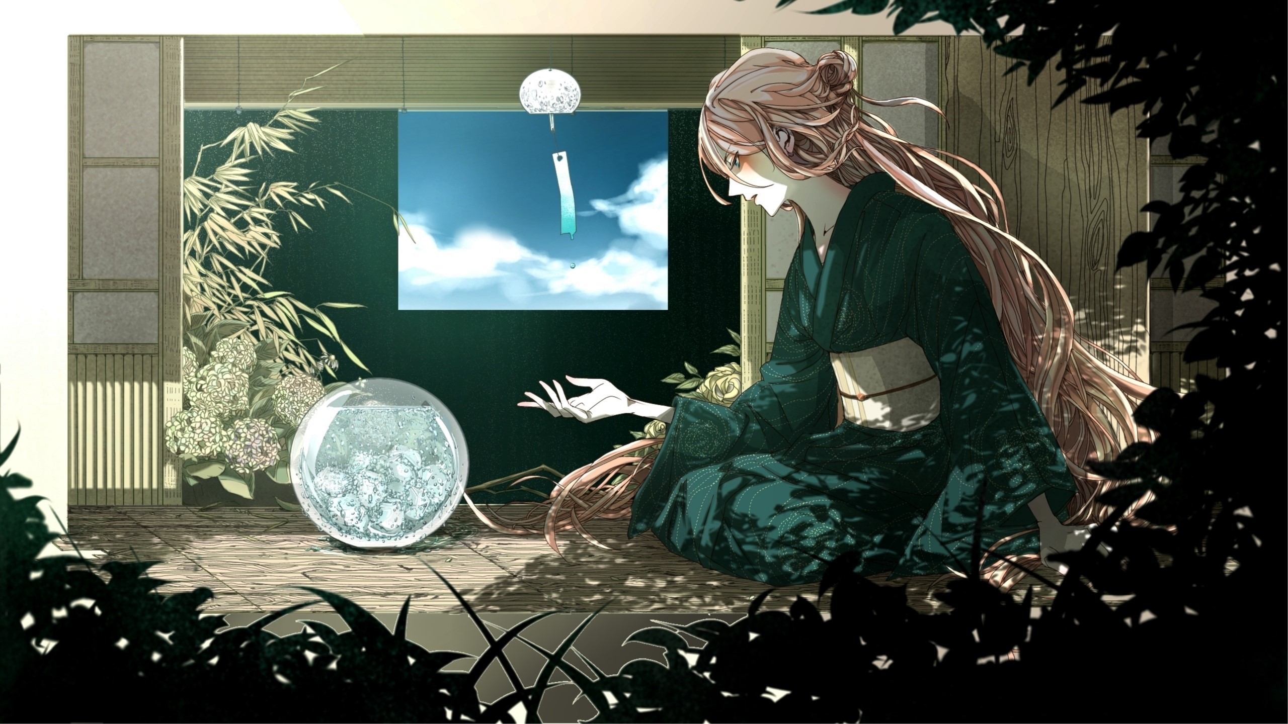 Girl in Kimono with Wind Chime and Ice HD Wallpaper