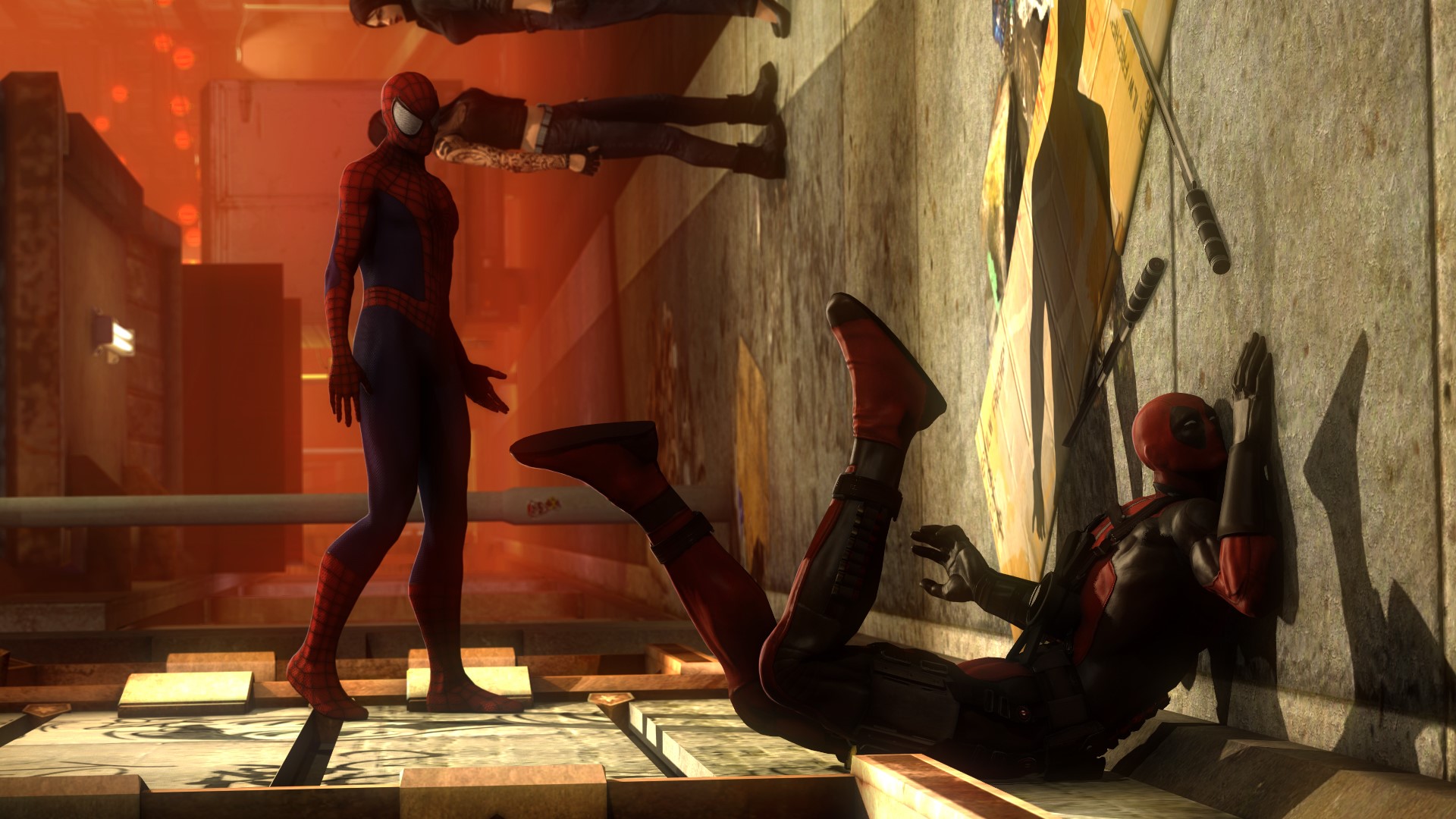 Spider-Man and Deadpool in a city setting HD Wallpaper