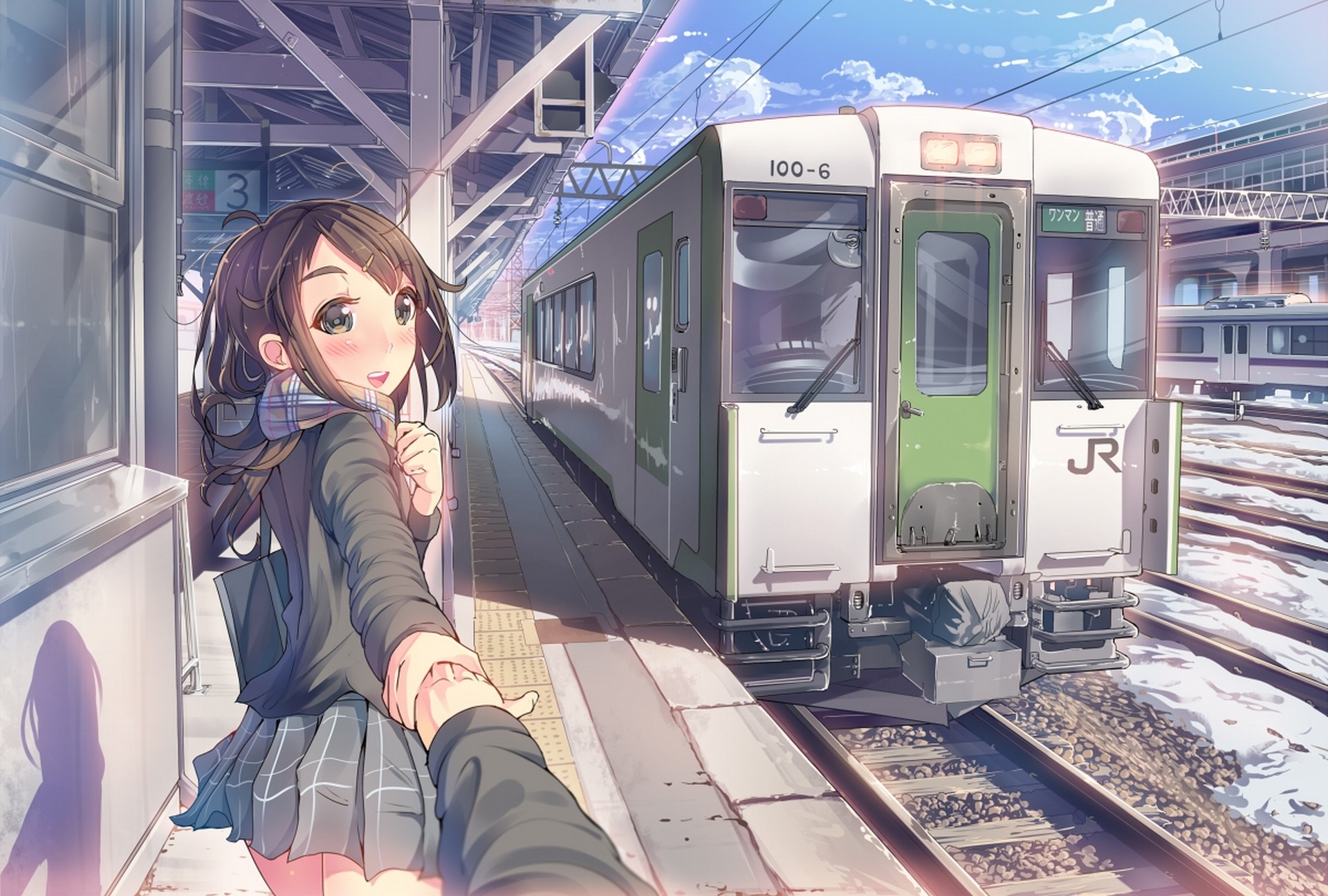 Girl in school uniform holding hand at train station HD Wallpaper
