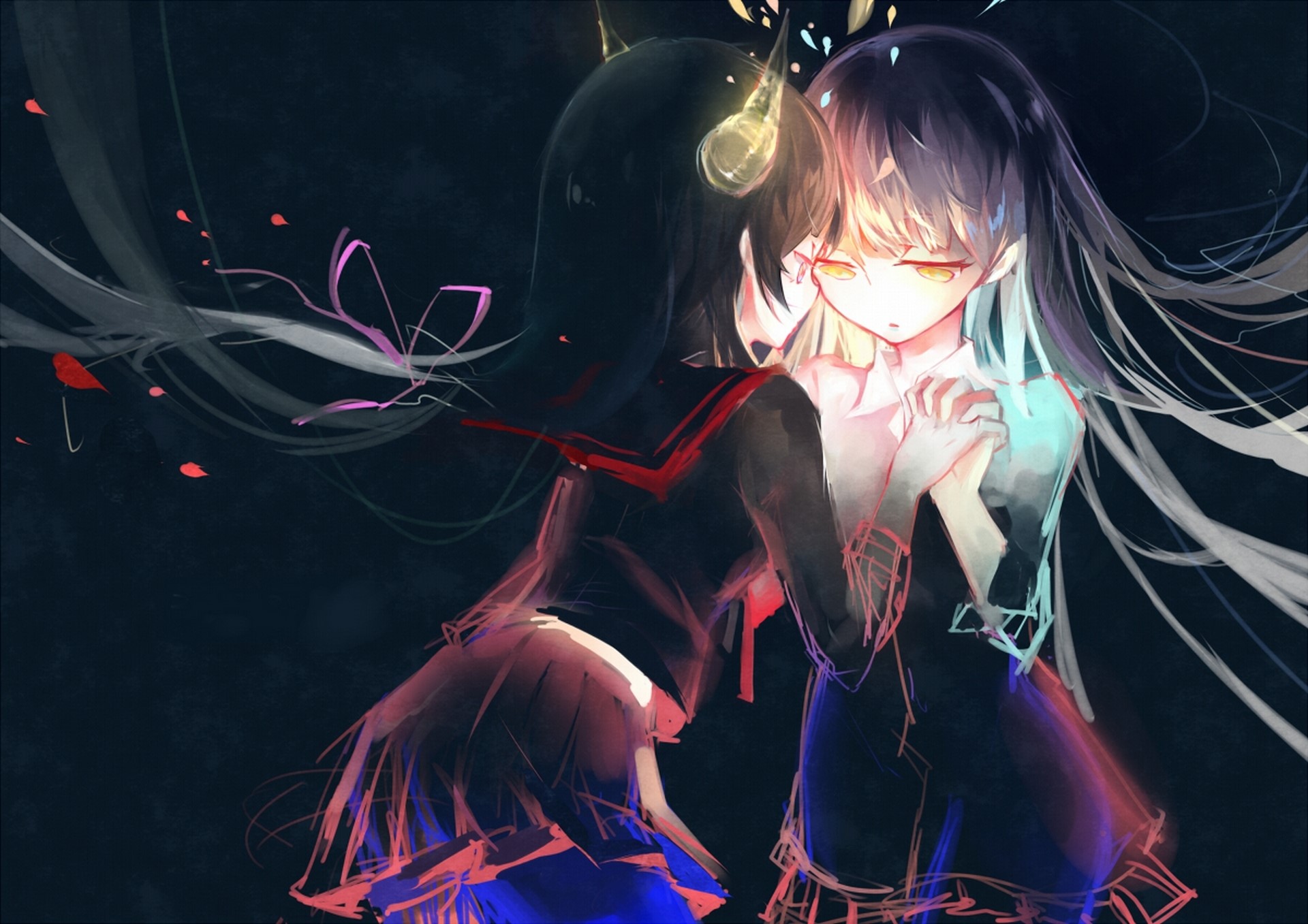 Two anime schoolgirls with glowing horns and eyes HD Wallpaper