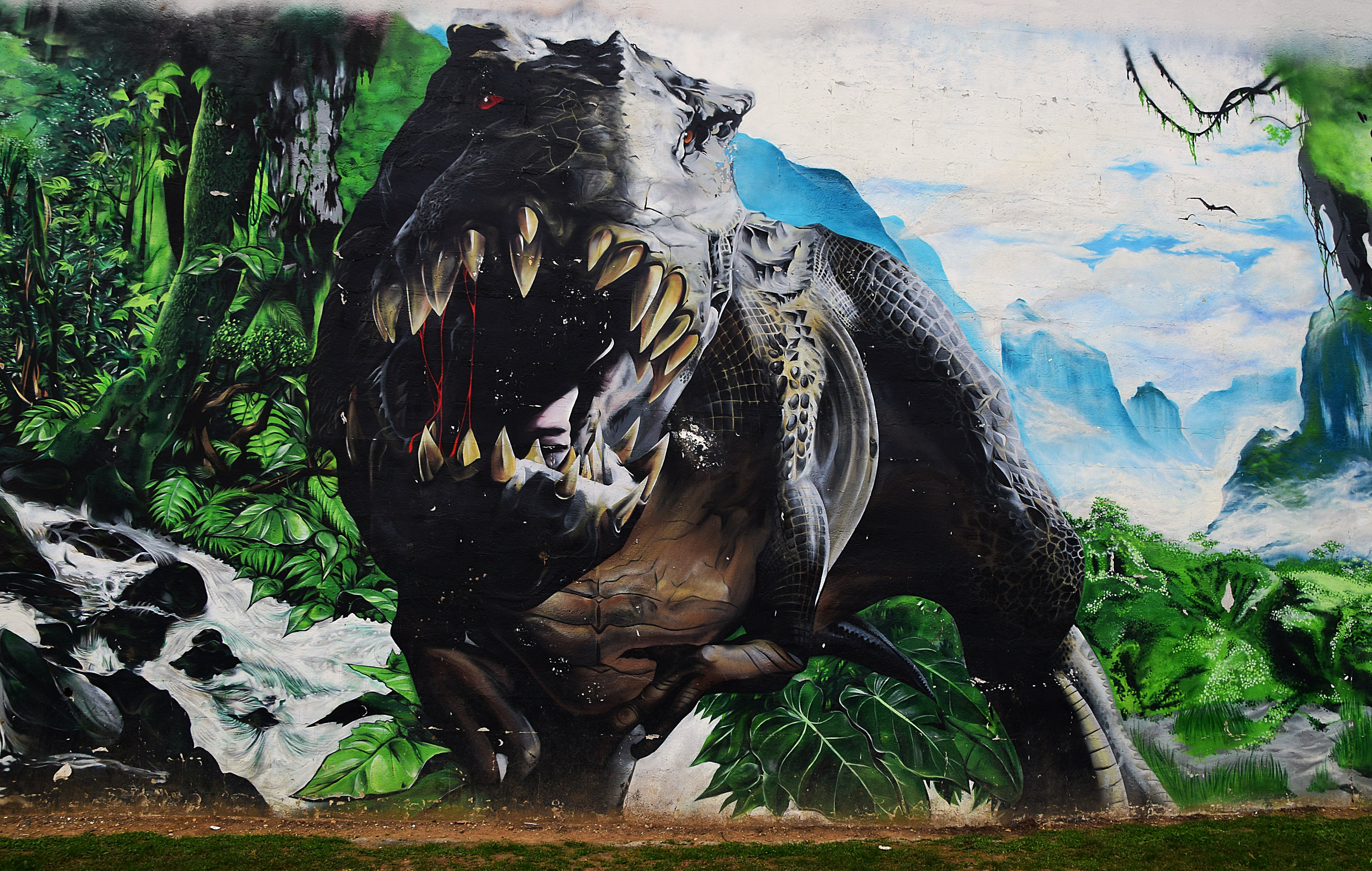 Graffiti painting of a dinosaur in a jungle landscape HD Wallpaper