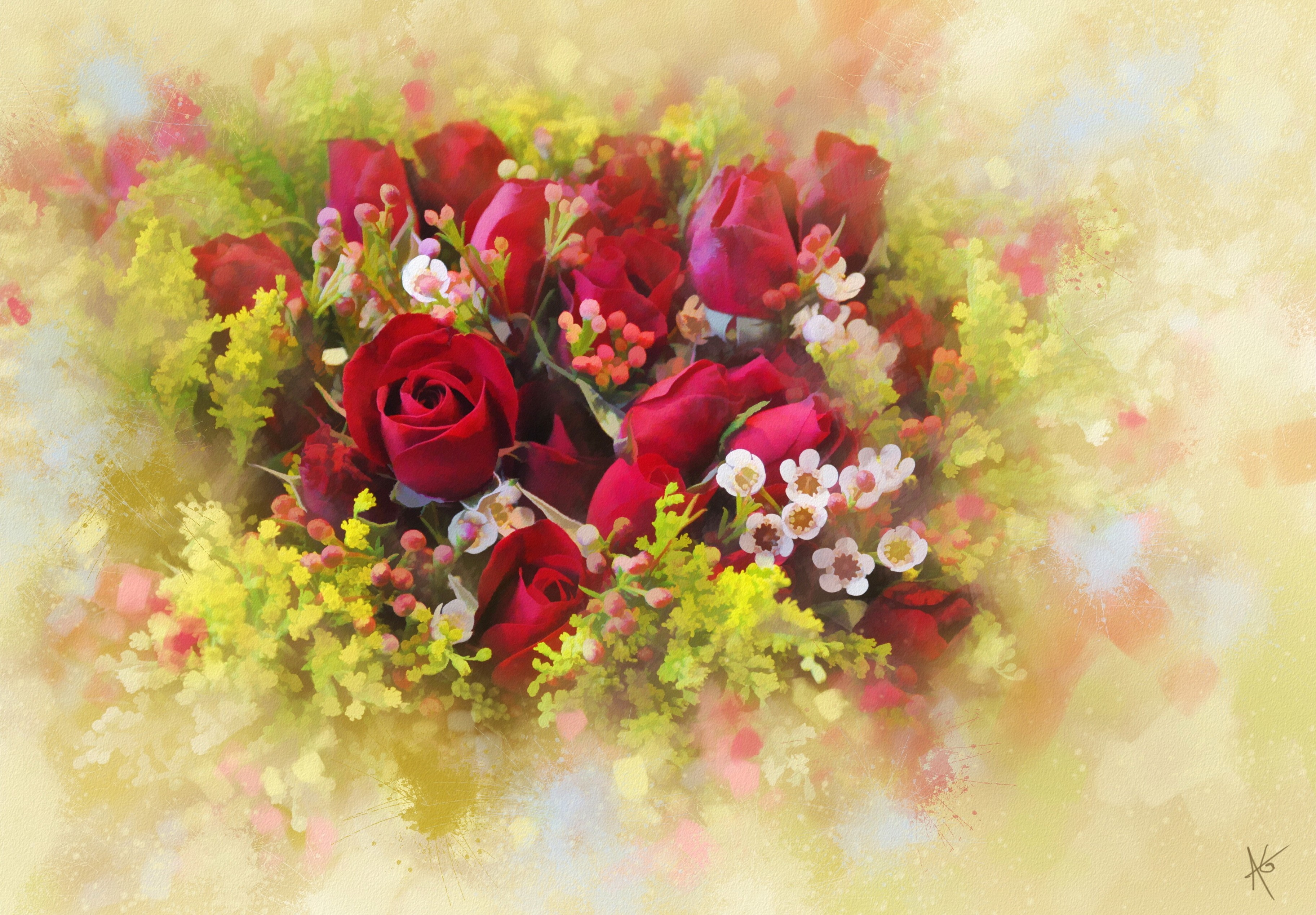 Bouquet of red roses with yellow and white flowers HD Wallpaper
