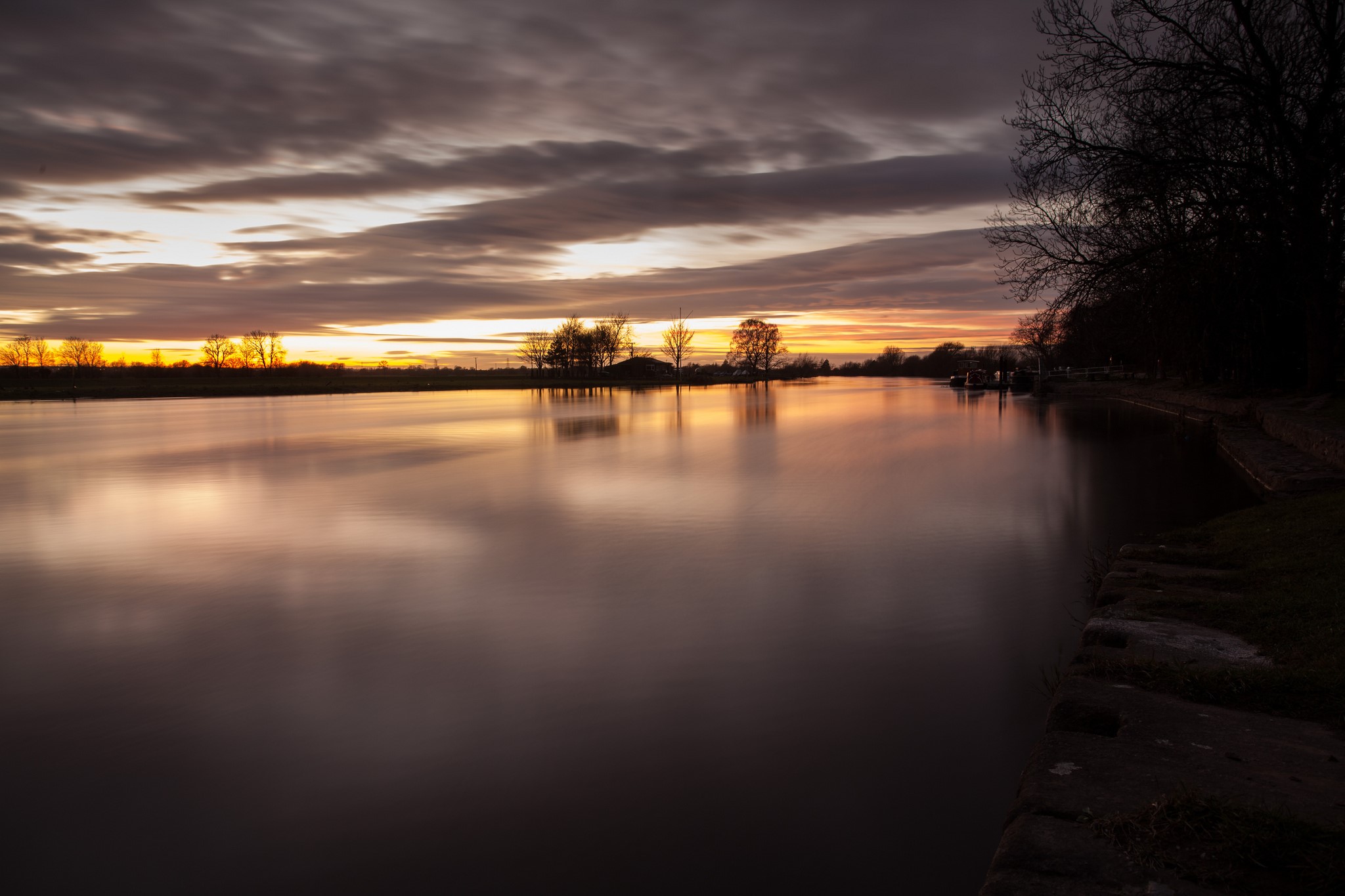 Calm river at sunset with silhouetted trees HD Wallpaper