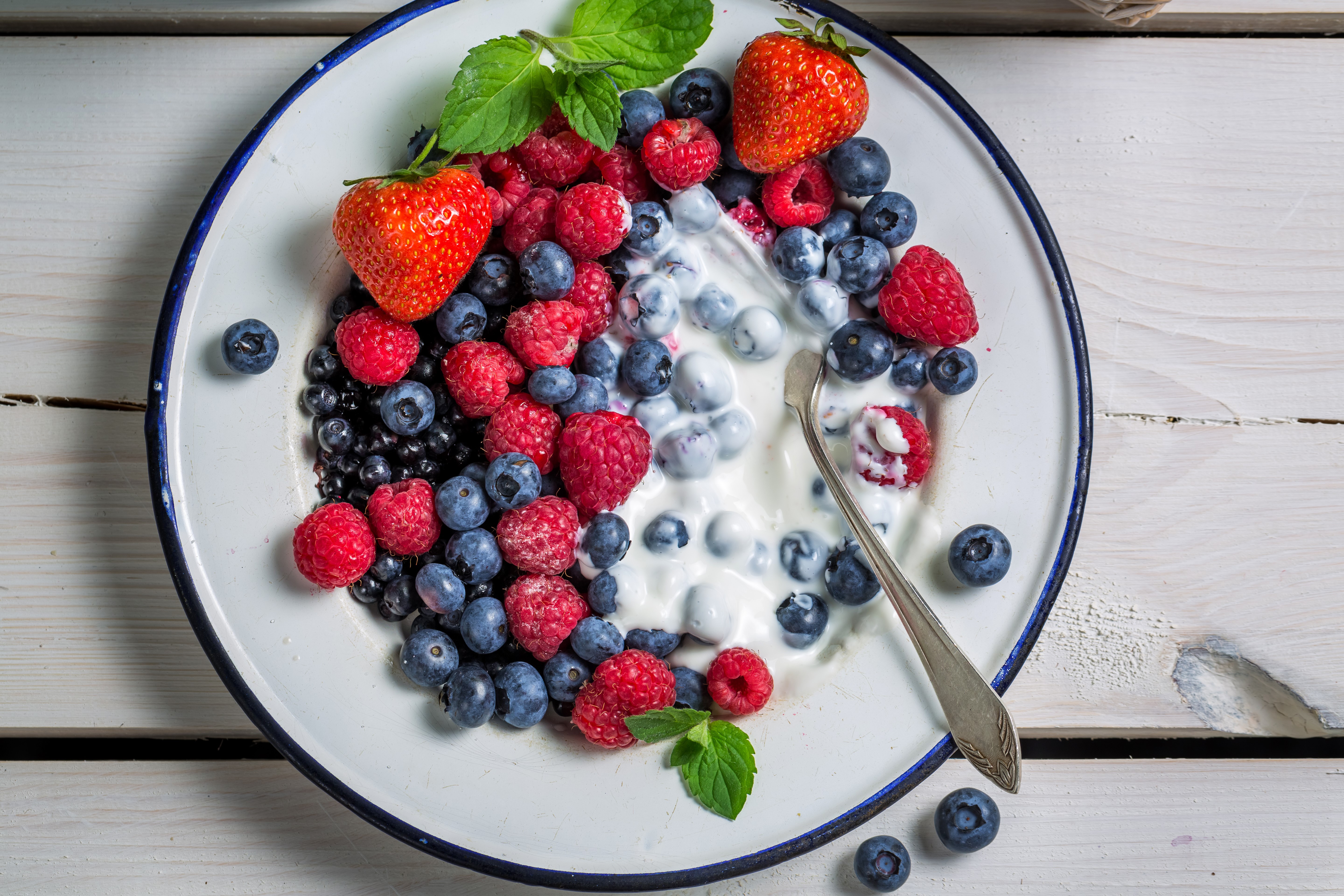 Bowl of Berries with Yogurt and Spoon HD Wallpaper