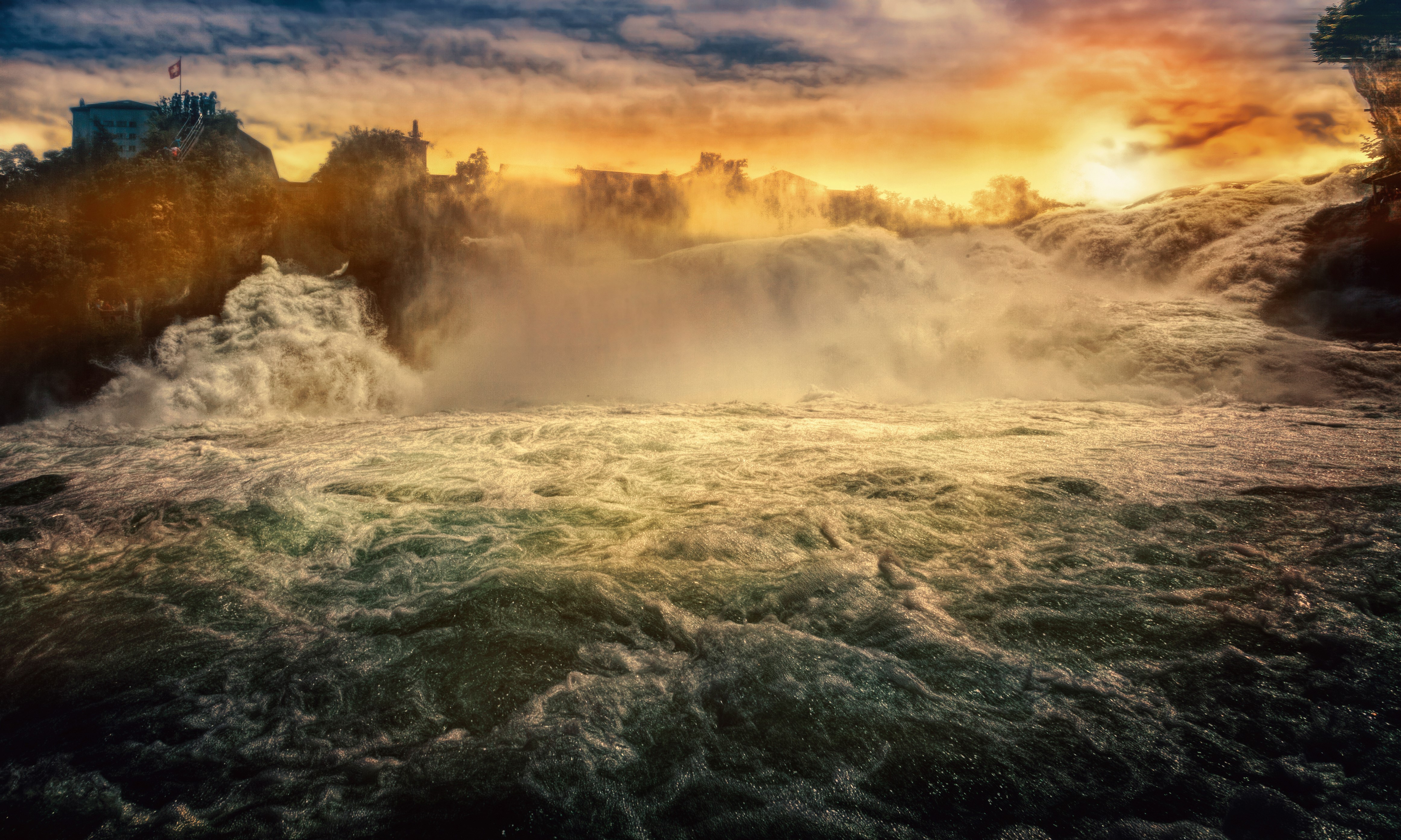 Waterfall with castle and sunset HD Wallpaper