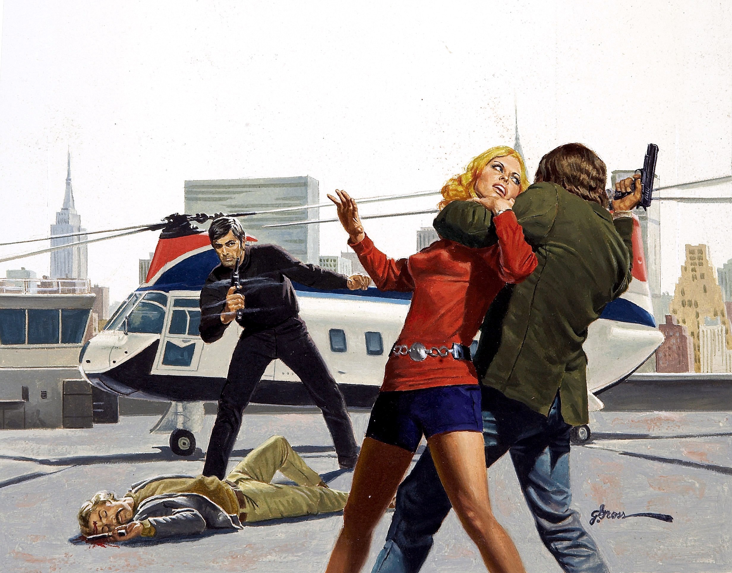 George Gross painting of a rooftop rescue with a helicopter HD Wallpaper