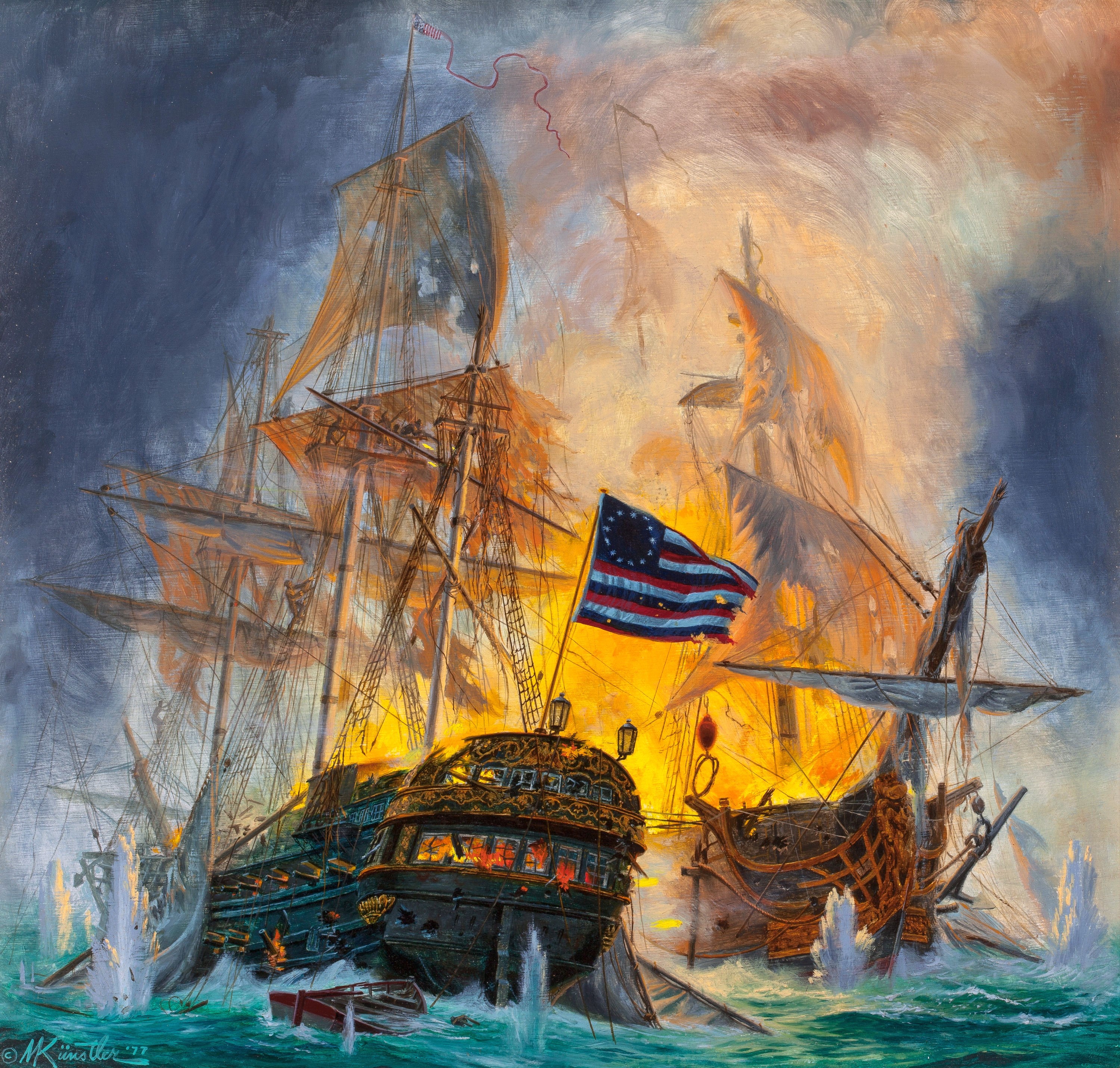 Mort Kunstler's painting of naval battle with burning ships HD Wallpaper