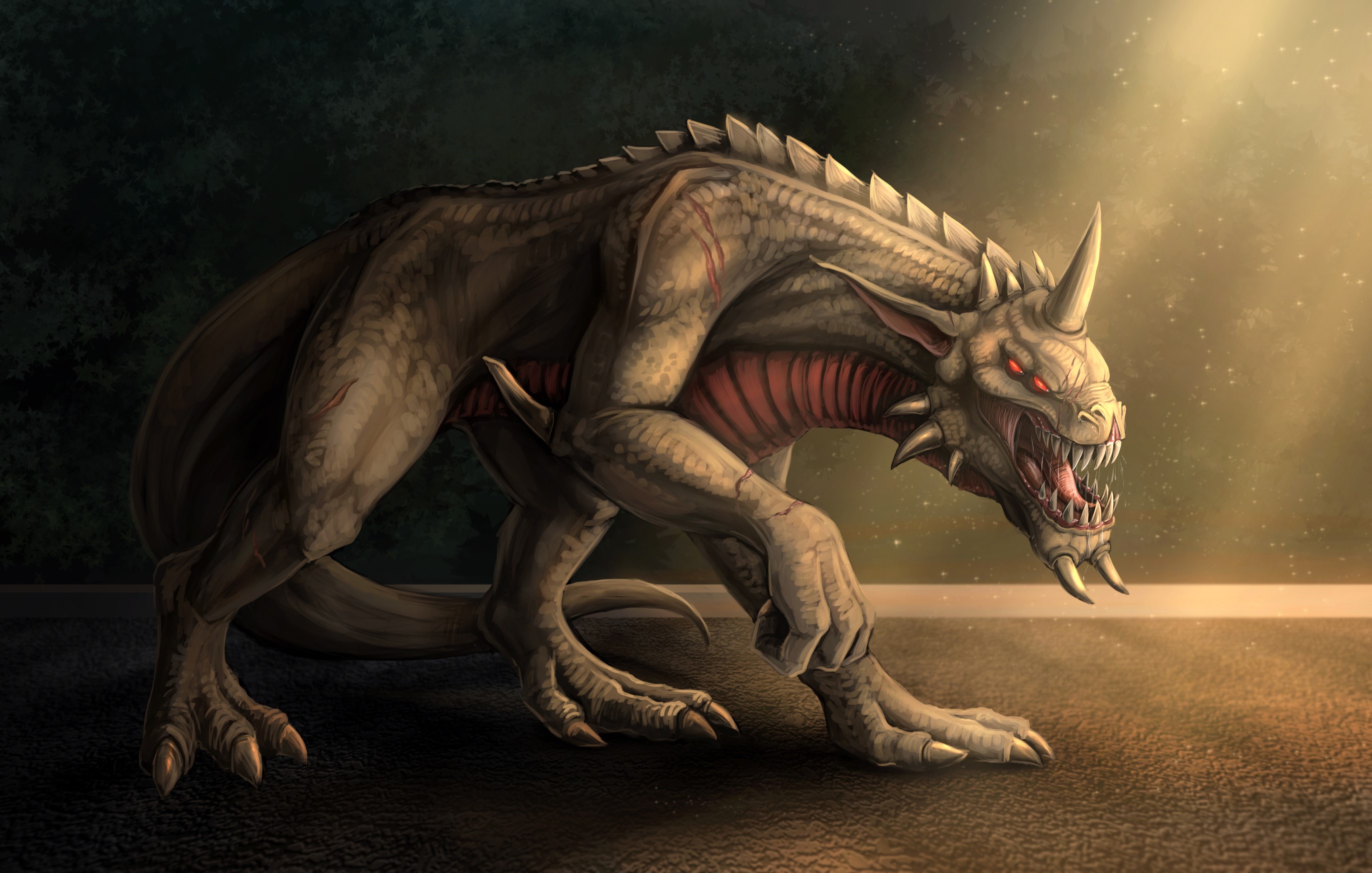 A monstrous creature with sharp teeth and a horn HD Wallpaper