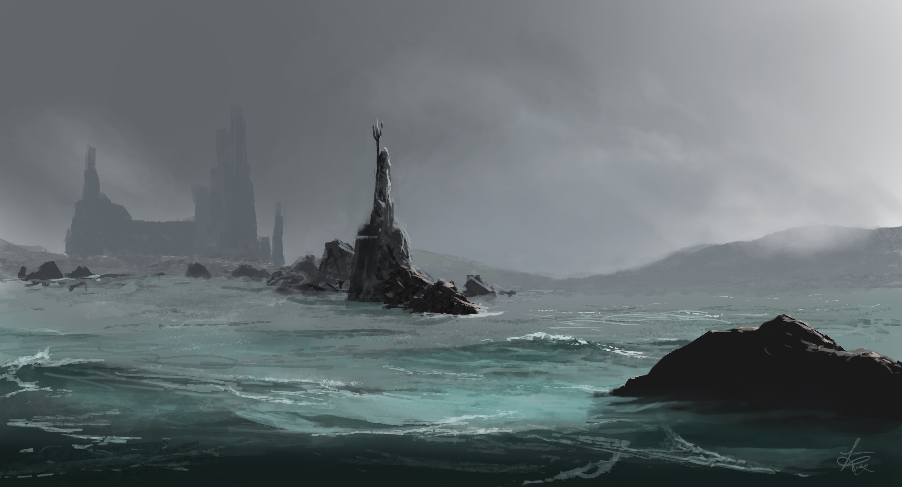 Misty sea with rocky islands and a statue HD Wallpaper