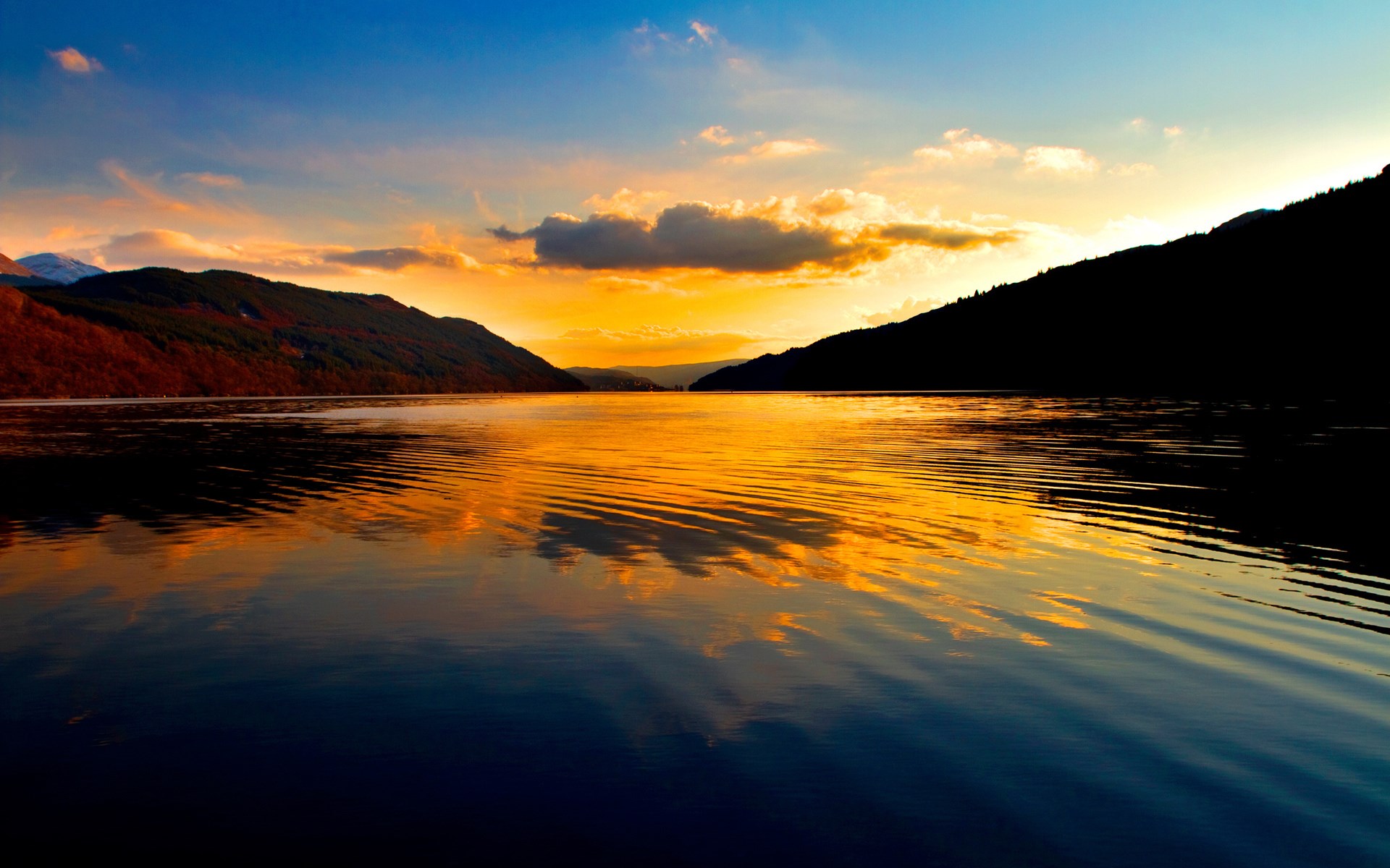 Sunset over a lake with mountains and reflections HD Wallpaper