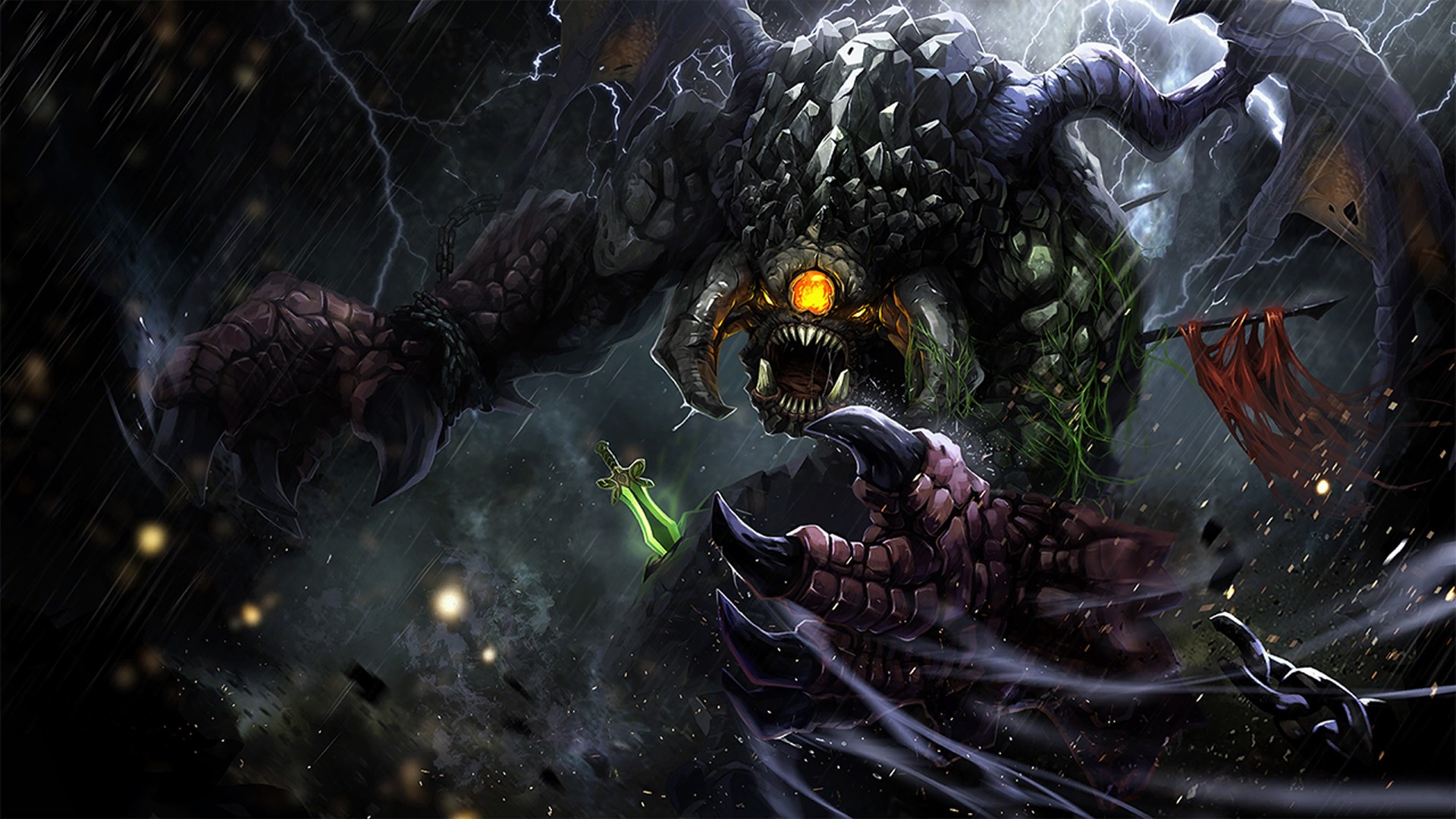 Roshan from DOTA 2 fighting in a storm HD Wallpaper