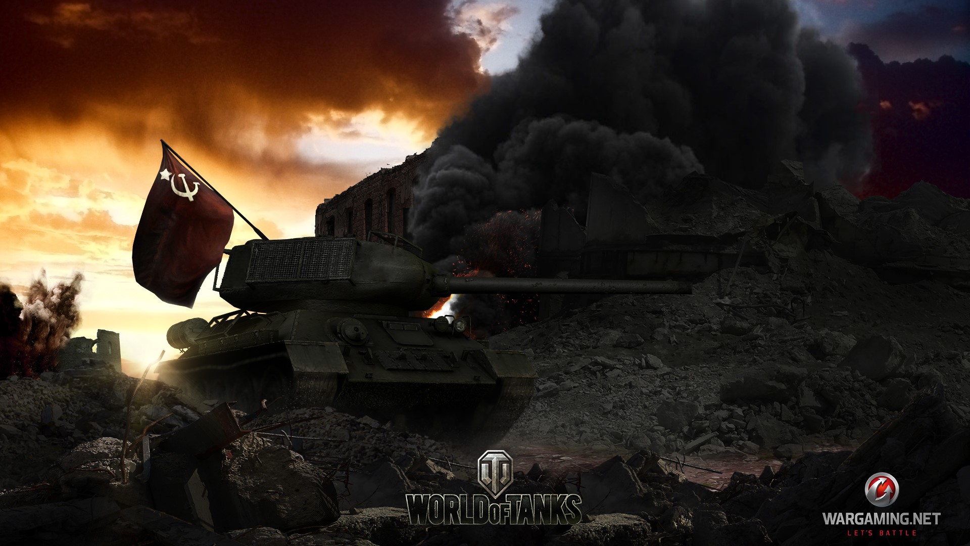 World of Tanks T-34 tank with Soviet flag in ruins HD Wallpaper