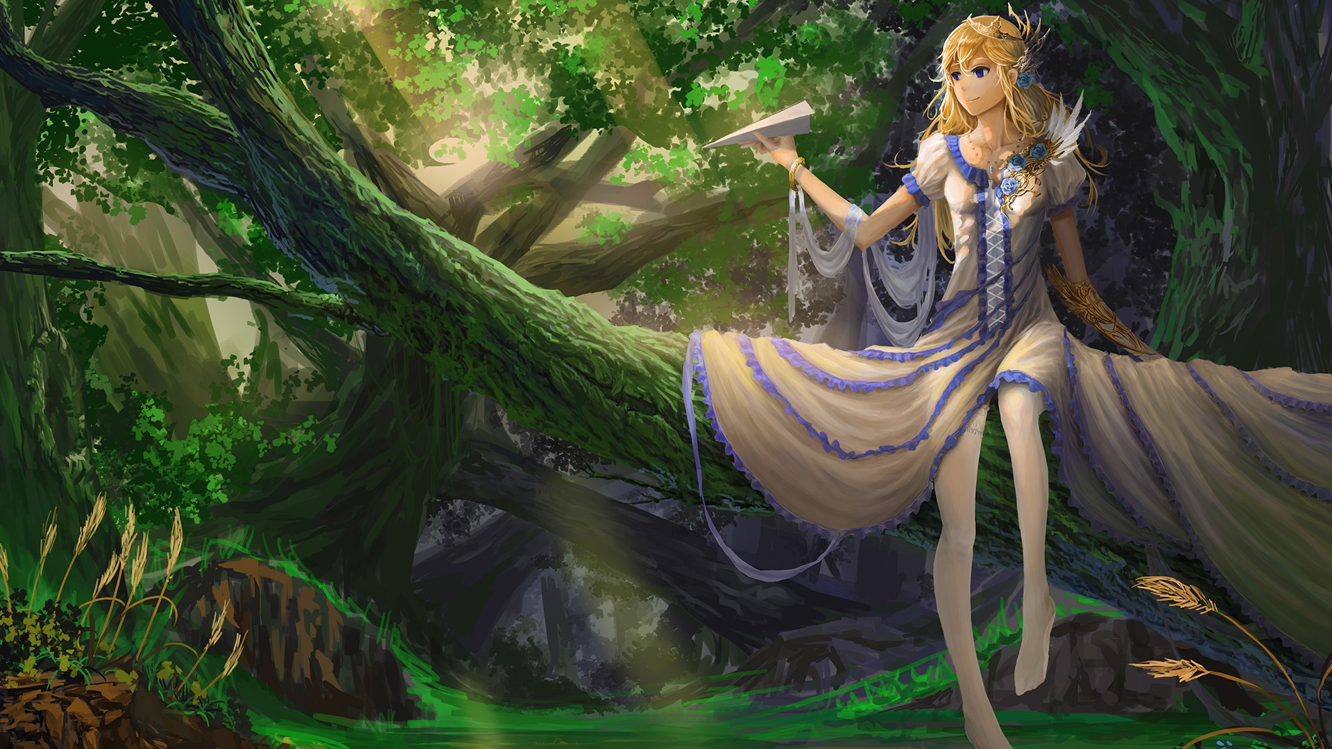 Anime girl in a dress sitting on a tree branch HD Wallpaper