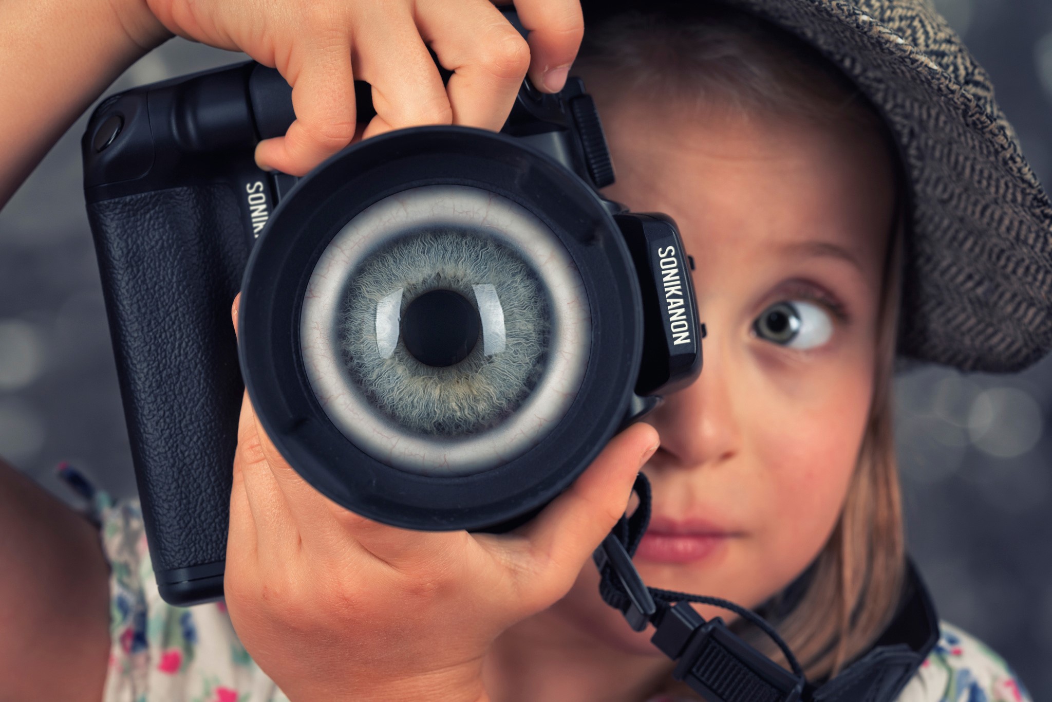 Girl with camera and eye in lens HD Wallpaper