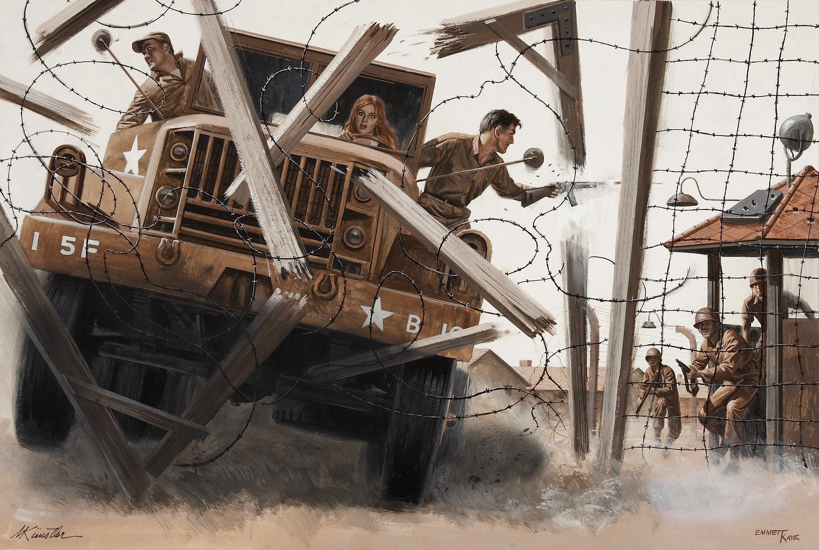 Mort Kunstler painting of a truck crashing through barbed wire HD Wallpaper