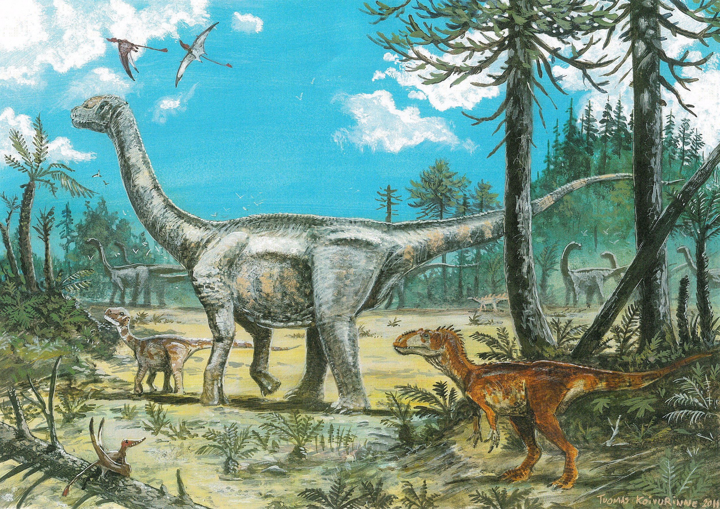 Dinosaurs in a prehistoric forest with pterosaurs HD Wallpaper
