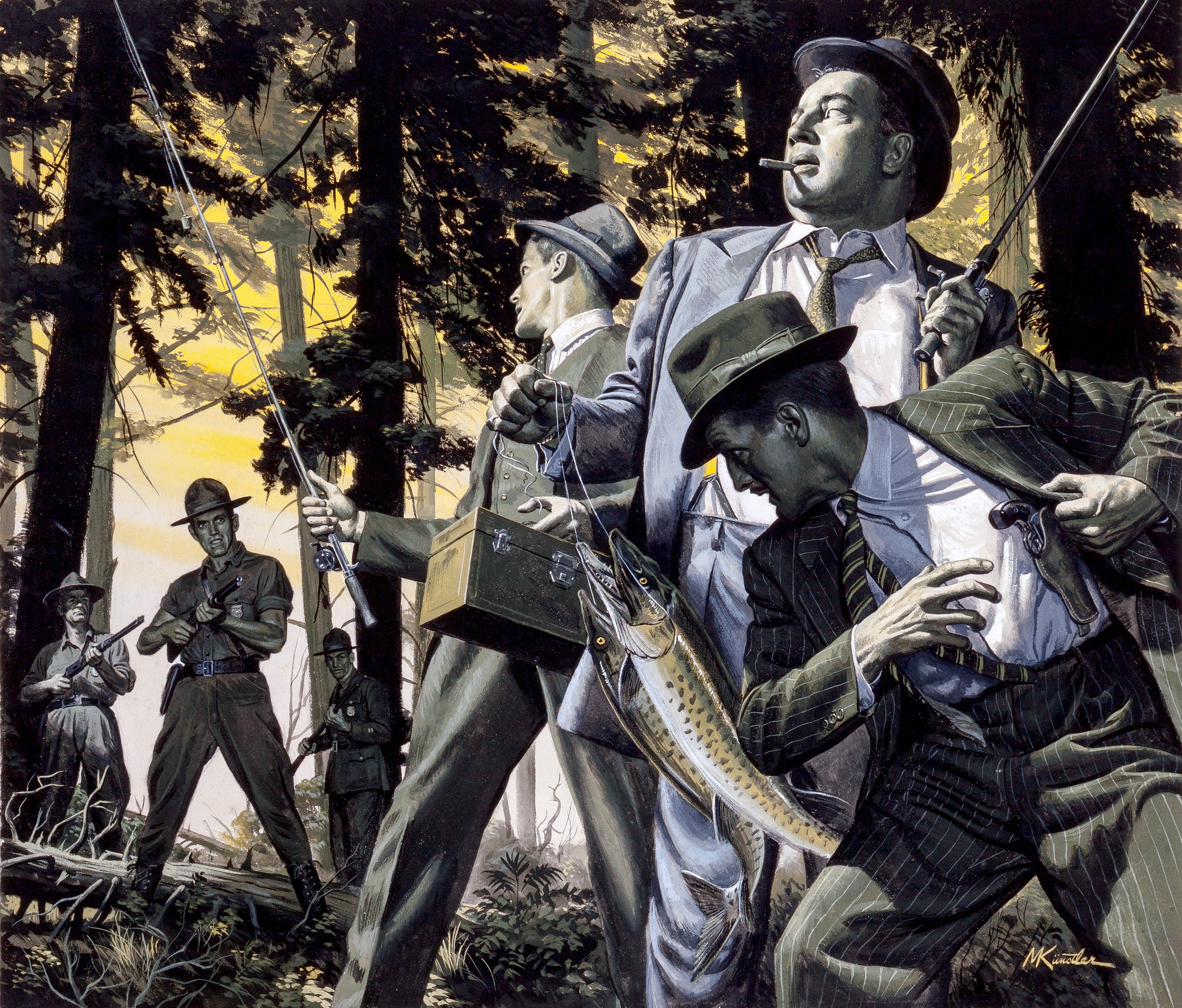 Men fishing in a forest with guns HD Wallpaper