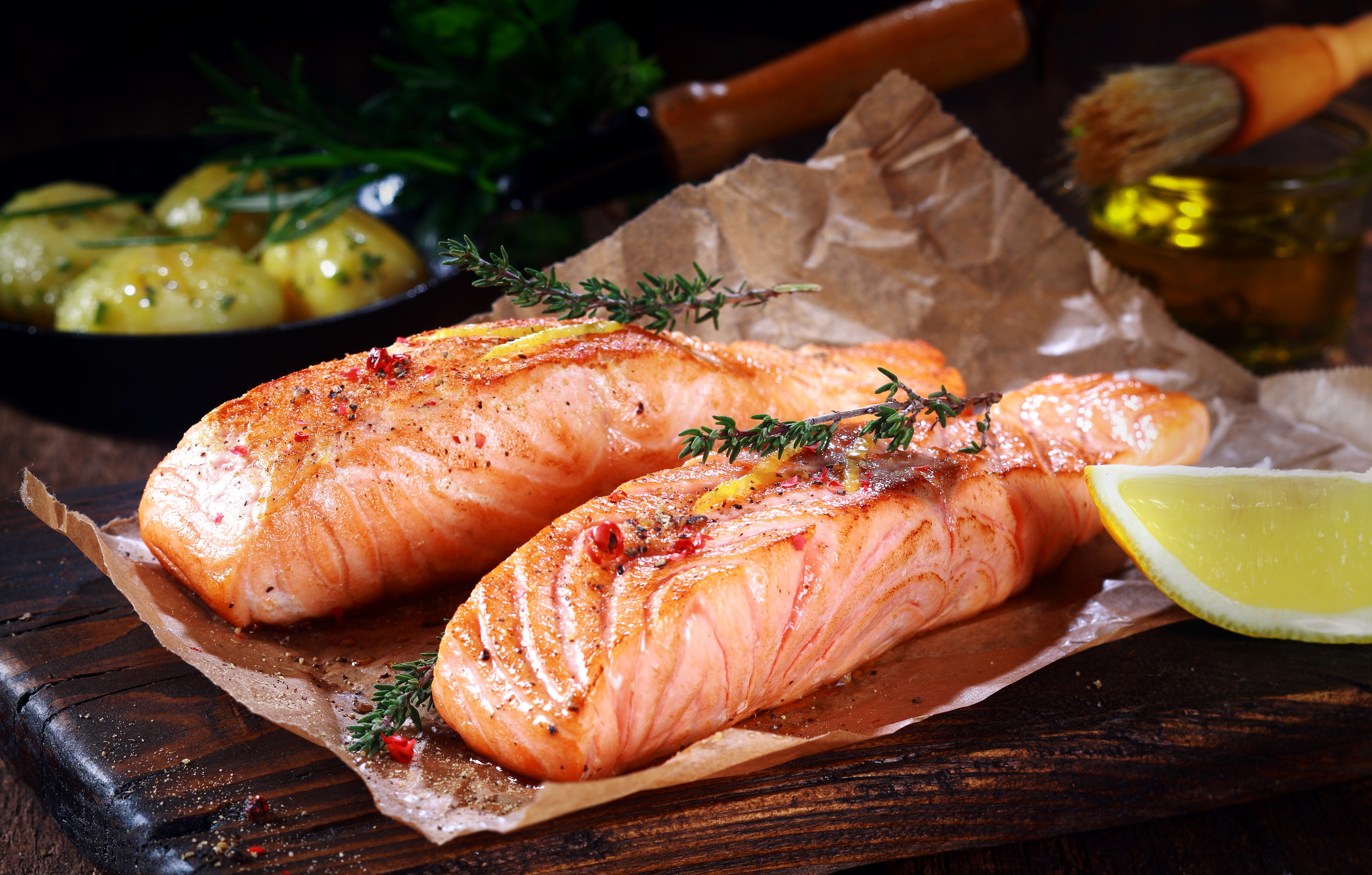 4K Salmon Fillets with Lemon and Herbs HD Wallpaper