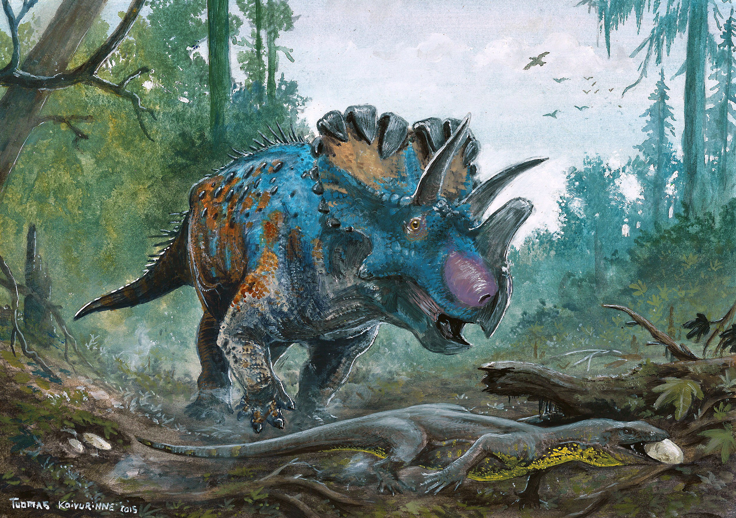 Wendiceratops Dinosaur and Lizard with Egg in Forest HD Wallpaper