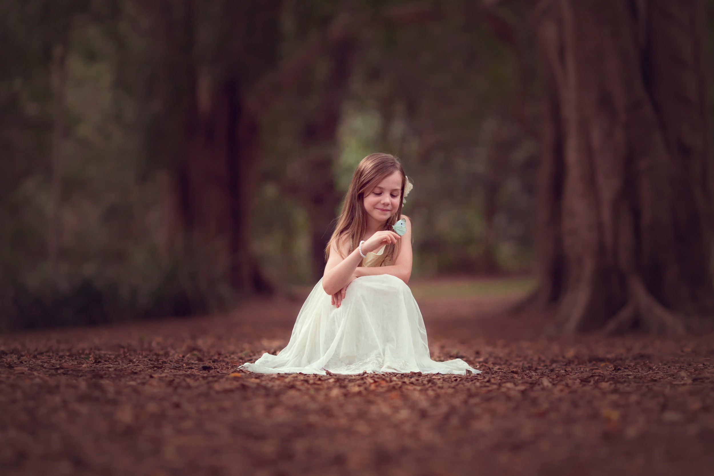 Girl in a white dress with a bird in a forest HD Wallpaper