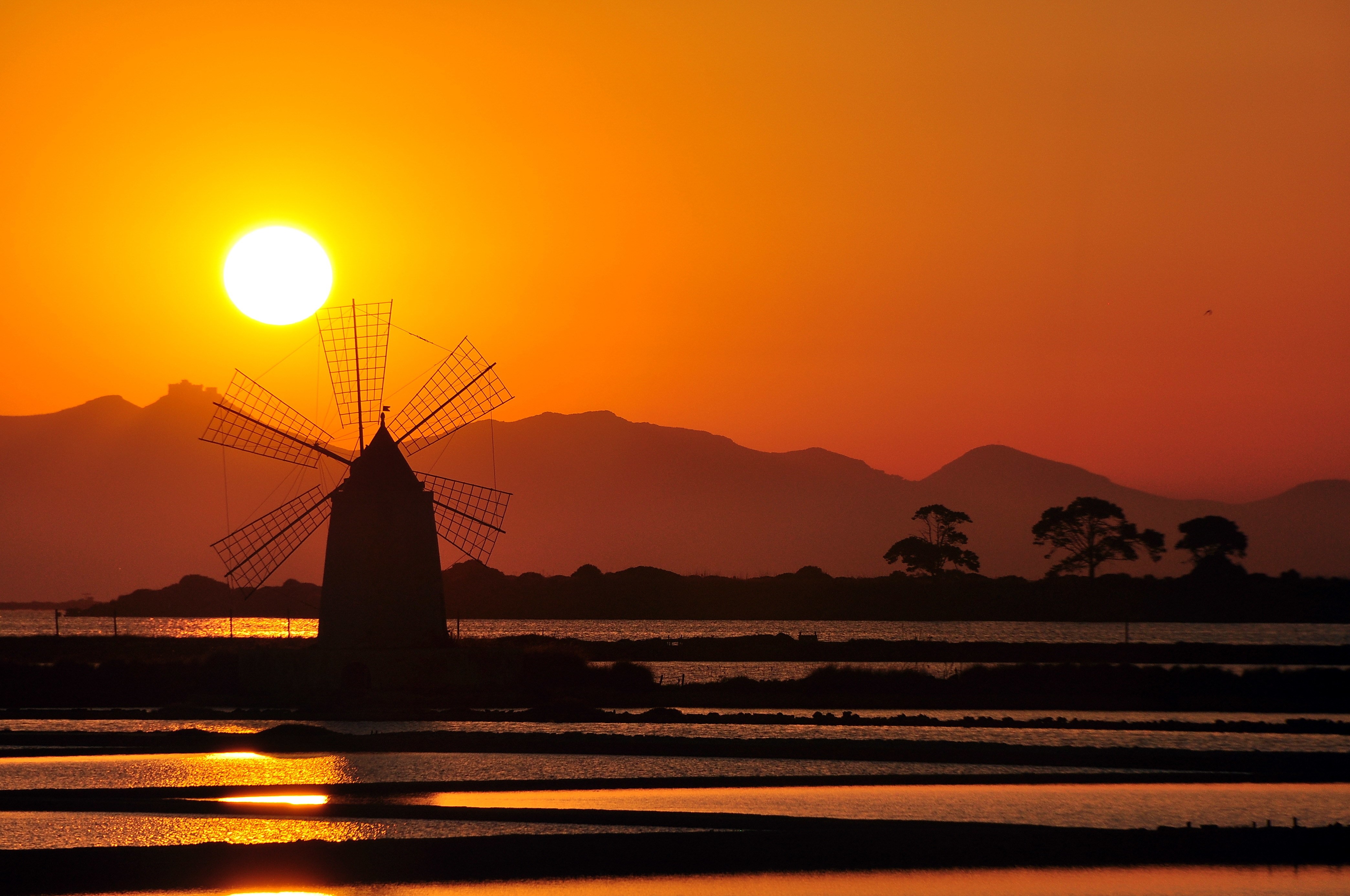 Silhouette of a windmill at sunset HD Wallpaper