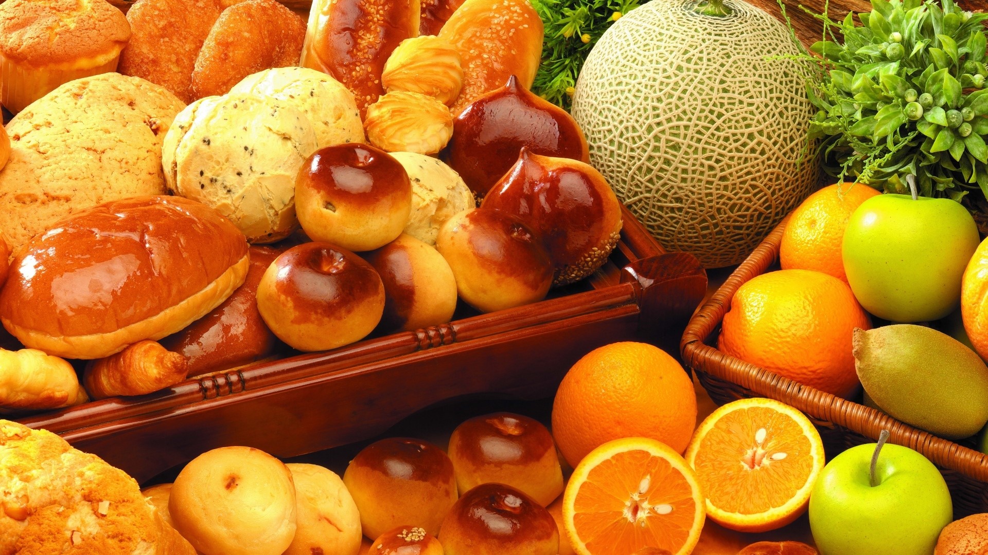 Assortment of Buns, Pastries, and Fruits HD Wallpaper